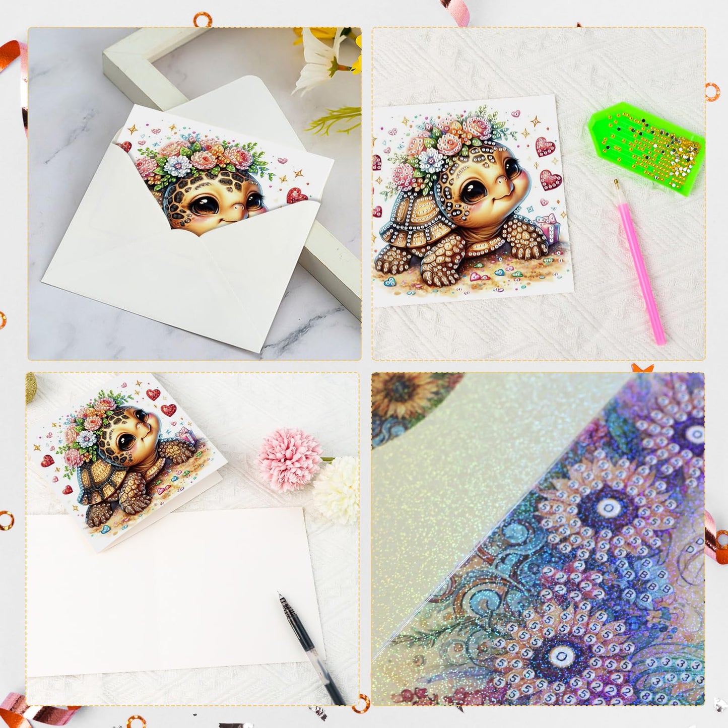 antor 6 pcs Diamond Art Painting Greeting Card Kits, Animal Cute Turtle Design Irregular Shapes Diamond Art Fine Glitter Greeting Cards with Envelopes, Clay Glue, Pen, and Bead Bag for Creative Gifts