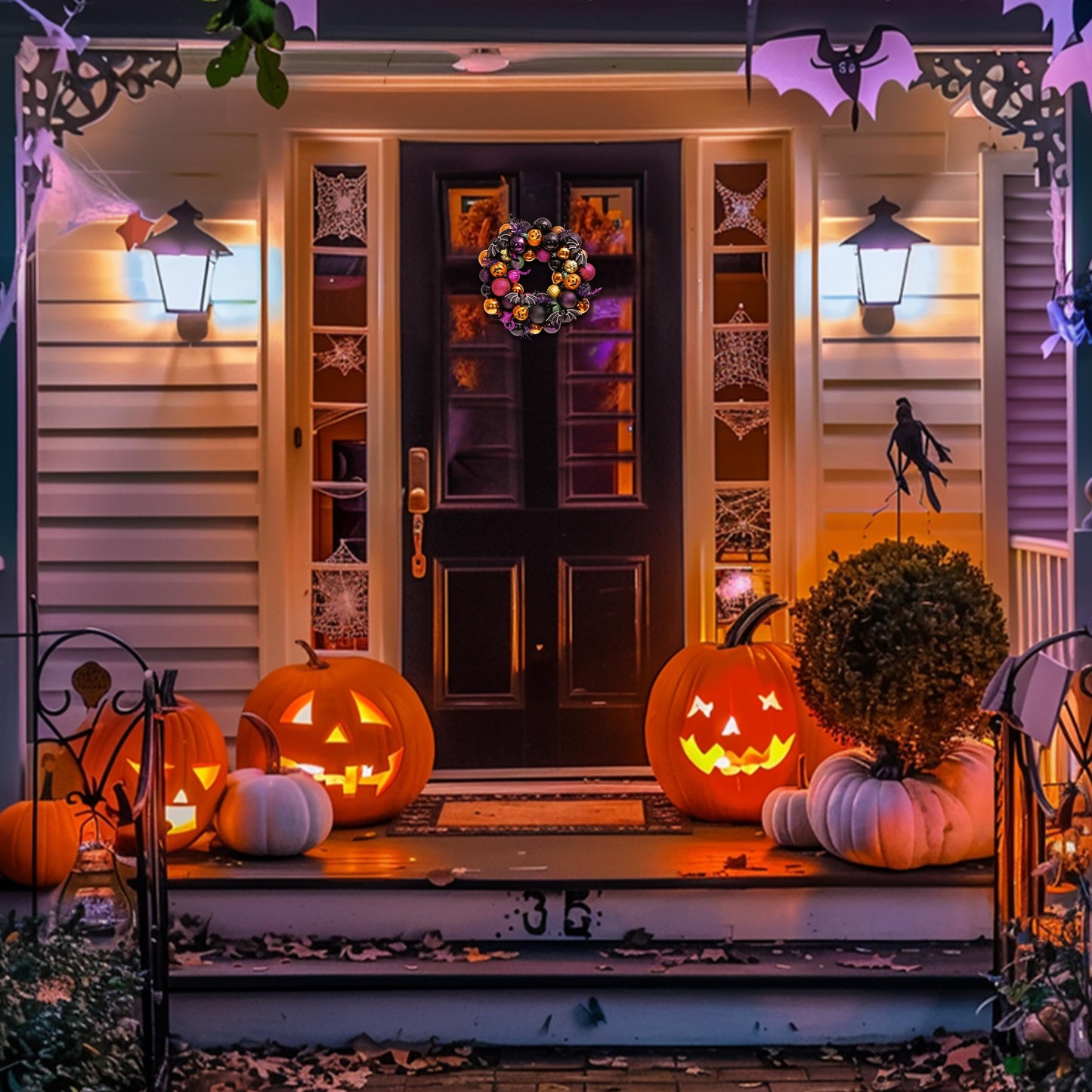 Valery Madelyn 18 Inch Halloween Wreath for Front Door with Lights, Pre-Lit Fall White Pumpkin Skull Wreath Pink Roses Halloween Decorations for Home Porch Table Centerpiece Party Holiday Autumn Decor