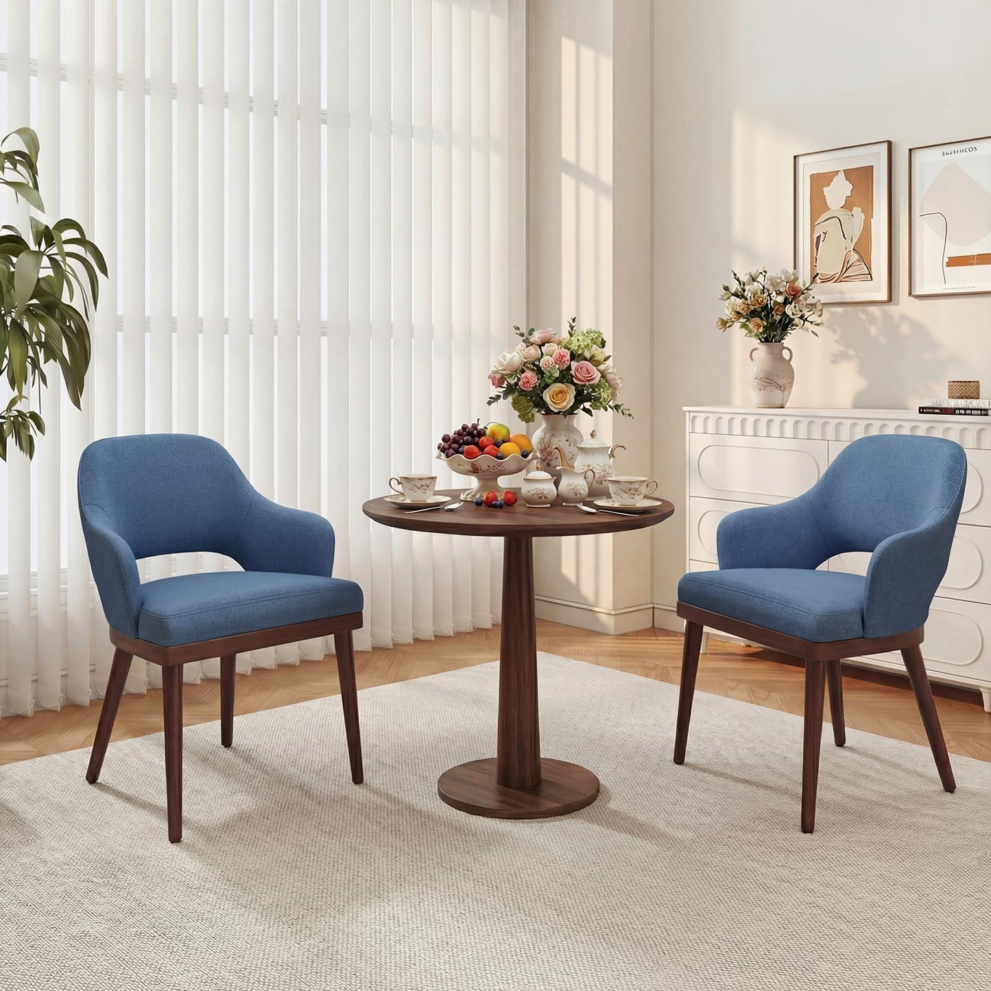 MALOL Wooden Dining Chairs Set of 6, Modern Fabric Upholstered Dining Room Chair, Kitchen Side Chairs, Farmhouse Dinner Chair with Open Back for Kitchen, Blue