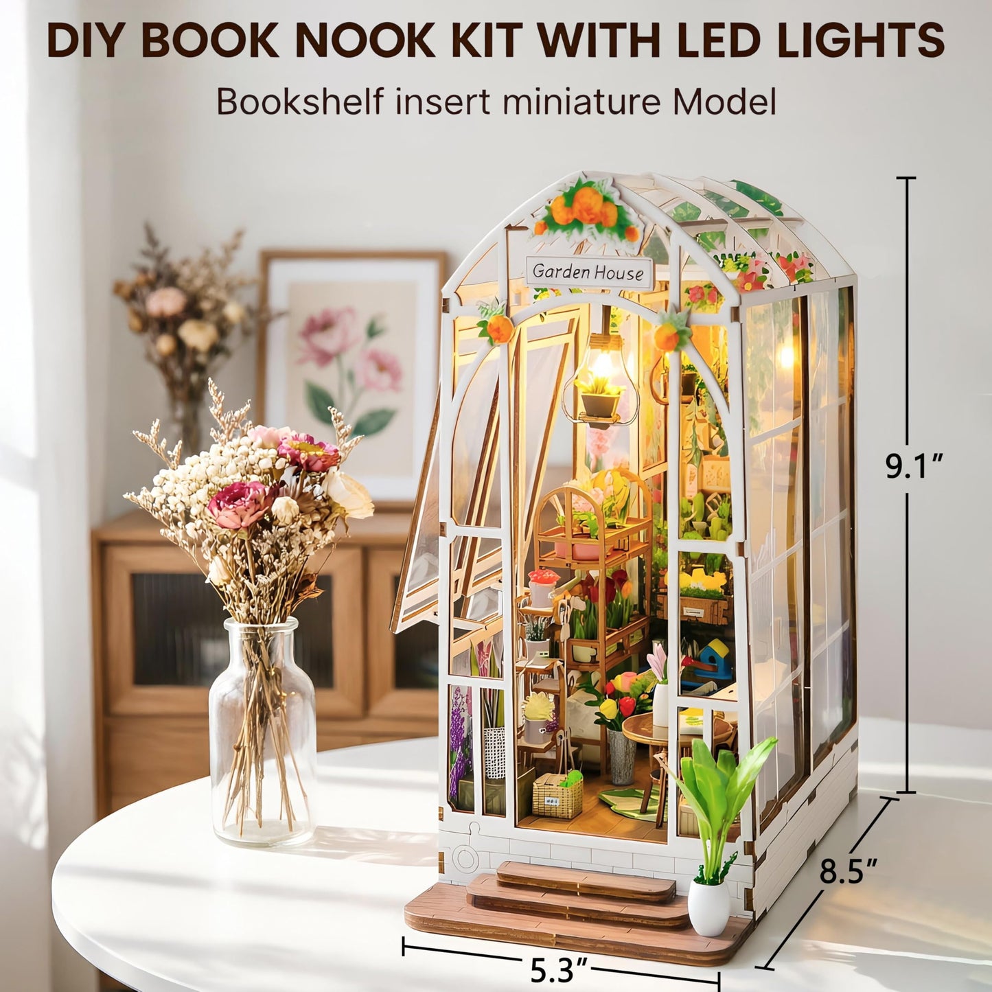 Fimeetoy Book Nook Kit for Adults, Miniature House Kit Doll House DIY Crafts for Adult Teen, Tiny House Bookshelf Decor with LED Light, 3D Puzzle Book Ends Garden House Birthday Gift for Women Friends