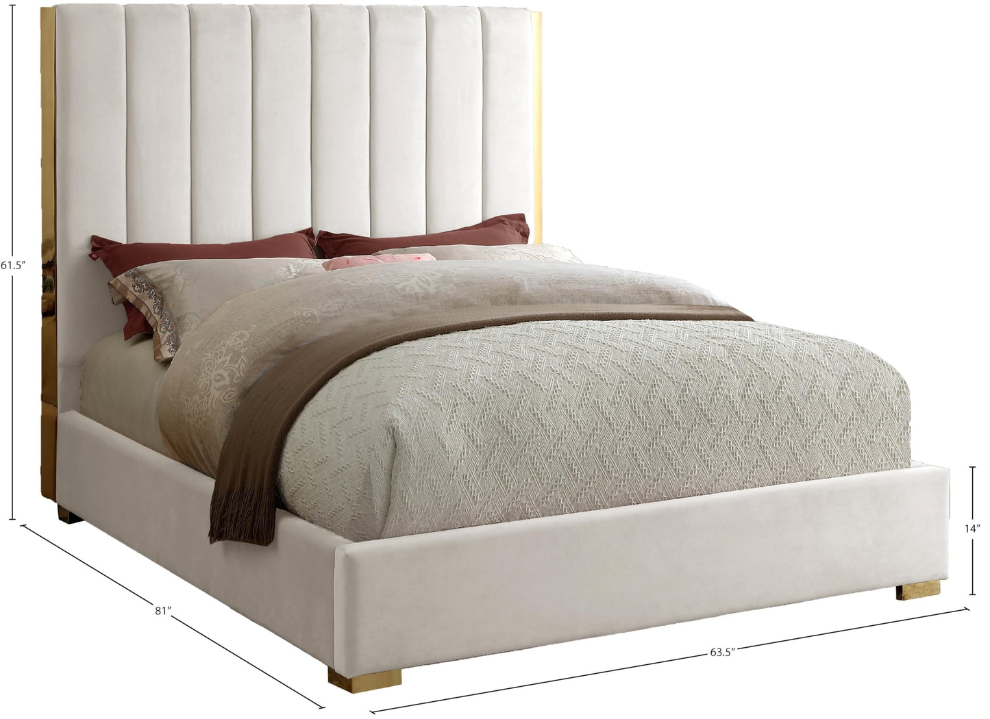 Meridian Furniture Becca Collection Modern | Contemporary Velvet Upholstered Bed with Deep Channel Tufting and Polished Gold Metal Frame, Cream, Full