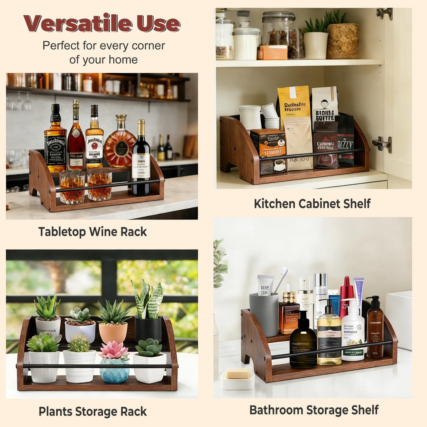 HRUSGO Rustic Wooden Countertop Organizer - Liquor Cabinet,Coffee Syrup Rack, Mini bar, Home Retro Bar Shelf Stand for Liquor, Whiskey, Spirits & Spices (2-Tier)