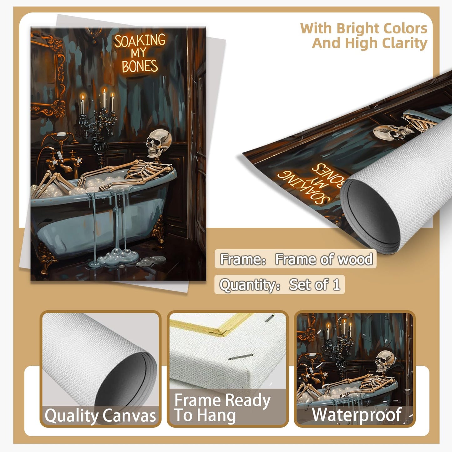 Soaking My Bones Wall Art Horror Halloween Decor Skeleton Bathtub Poster Moody Print Dark Academia Canvas Spooky Gothic Artwork Victorian Painting Bathroom Living 24x36inch Framed