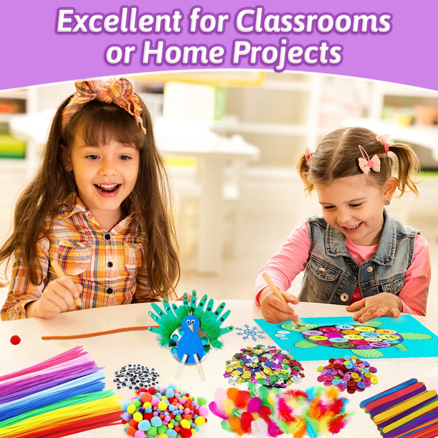 CH HAICHENG Arts and Crafts Supplies Including Feathers, Pipe Cleaners, Wiggle Googly Eyes, Pom Poms, Buttons, Ice Cream Sticks, Sequins and So On Supplies Crafts
