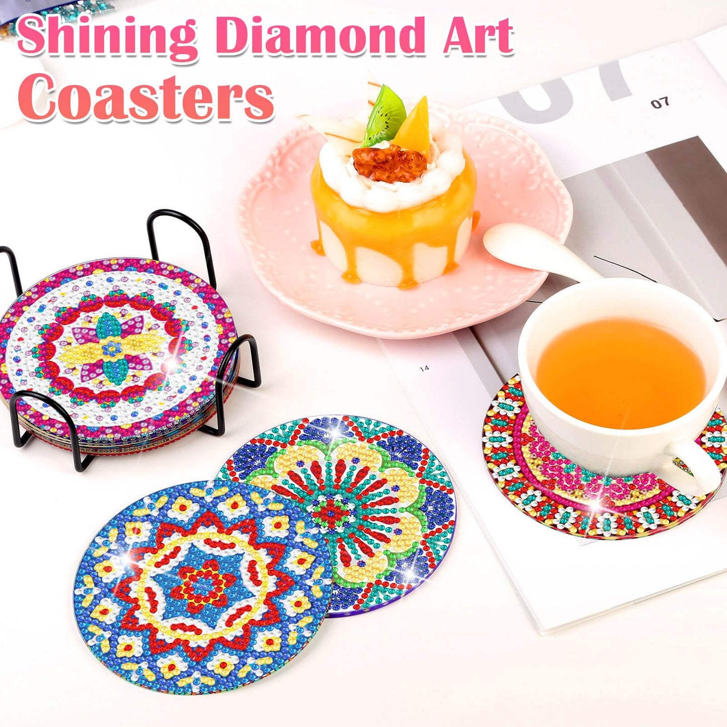 Billbotk 8 Pieces Diamond Painting Coasters Kit with Holder, Diamond Art Coasters, Arts and Crafts for Adults, Small Diamond Craft Kits for Beginners