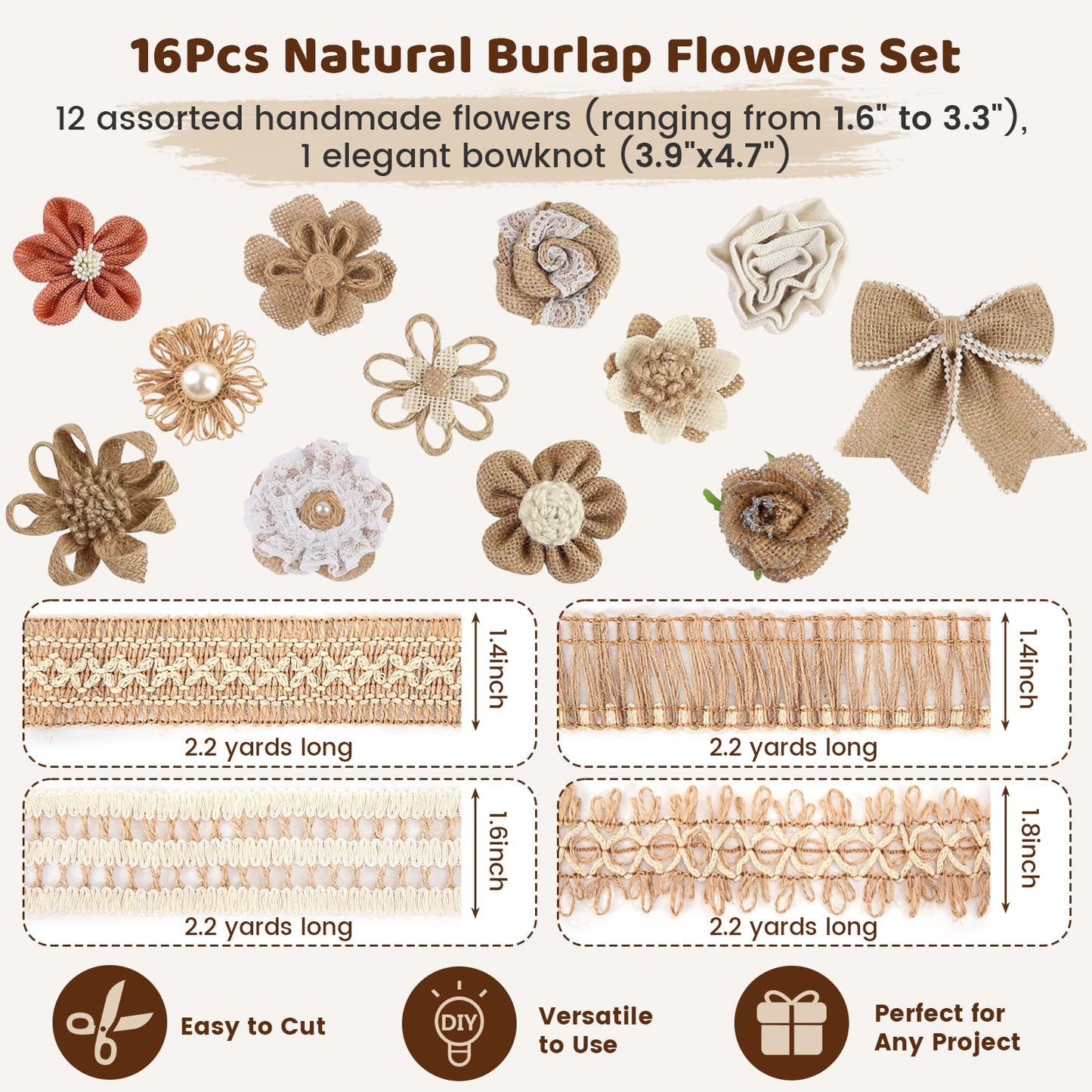 VGOODALL 16 PCS Natural Burlap Flowers Set, Including 12 PCS Handmade Lace Flowers and Bowknots, 4 Rolls Burlap Ribbon for Christmas Birthday Party Wedding Home Embellishment DIY Crafts