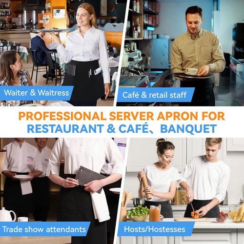 LOHYILYE 3 Pack Waitress Aprons with 3 Pockets, Server Apron for Waitress Waiter, Waist Half Serving Black Apron for Women Men, 12 inch