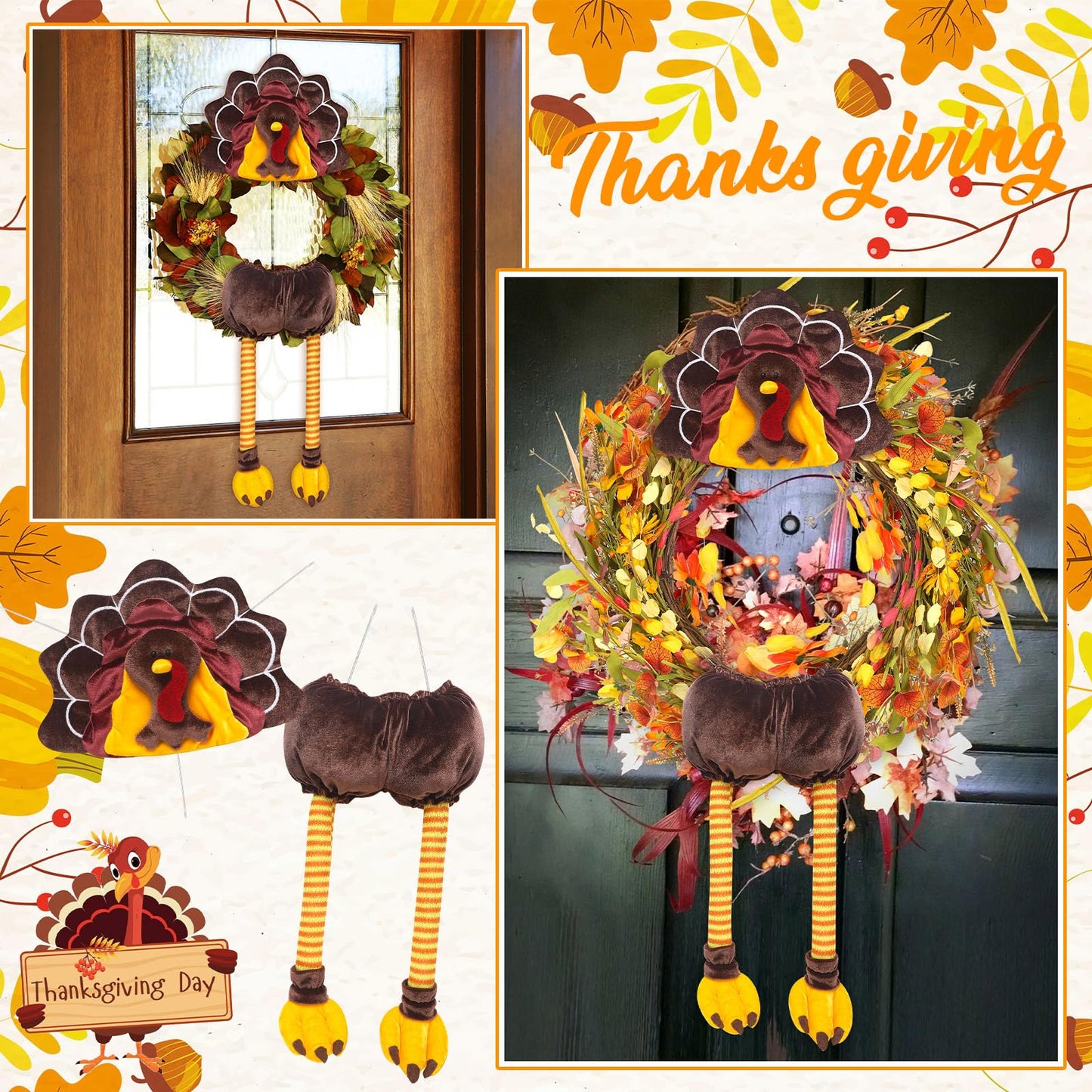 Breathffy Turkey Thanksgiving Head Tail Legs Plush Wreath Embellishment Kit 2 Pieces for Fall Events Thanksgiving Party Family Gatherings Holiday Decorations 27 Inches High