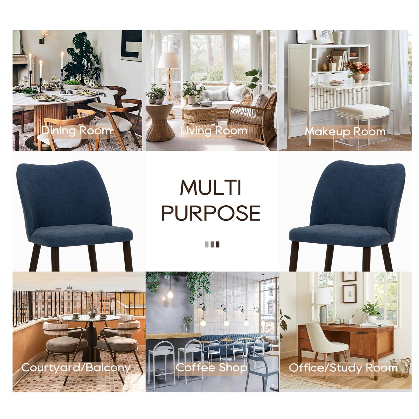 COLAMY Upholstered Dining Chairs Set of 4, Modern PU Leather Dining Room Kitchen Side Chair with Padded Seat and Wood Legs Restaurant/Cafe, Blue