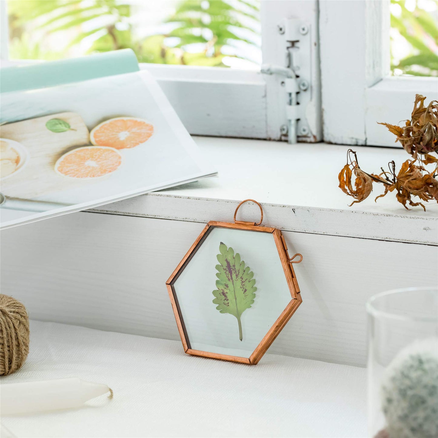 NCYP Hanging Small Rose Gold Hexagon Herbarium, Side Length 1.9 inches Handmade Copper Floating Frame for Pressed Dried Flowers Plants, Double Glass, Wall Decor, Glass Frame Only