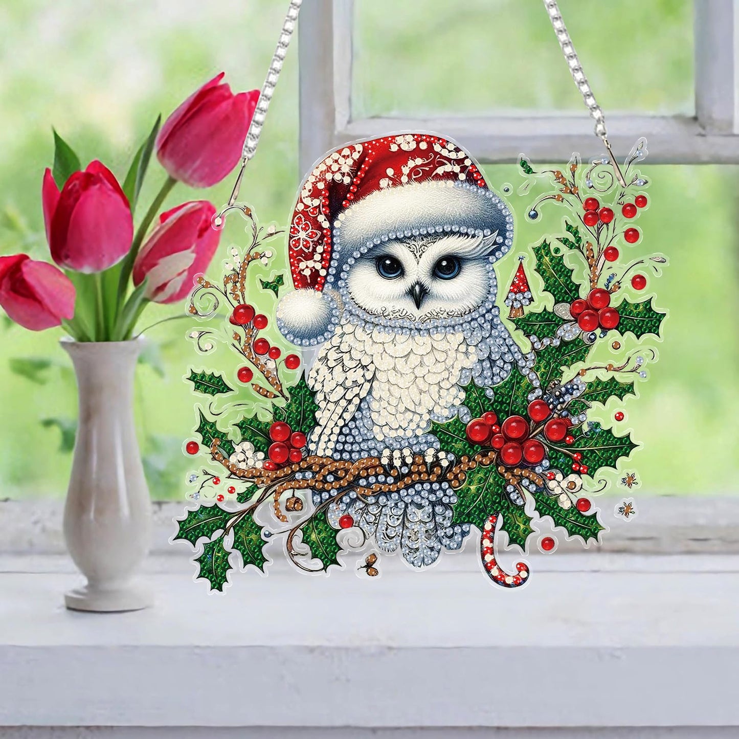 Auremi Christmas Diamond Art Painting Pendant Kits with Chain,5D Owl Diamond Art Hanging Kit DIY Diamond Crystal Window Door Hanging Pendant Kit for Adults Gift Wall Decor
