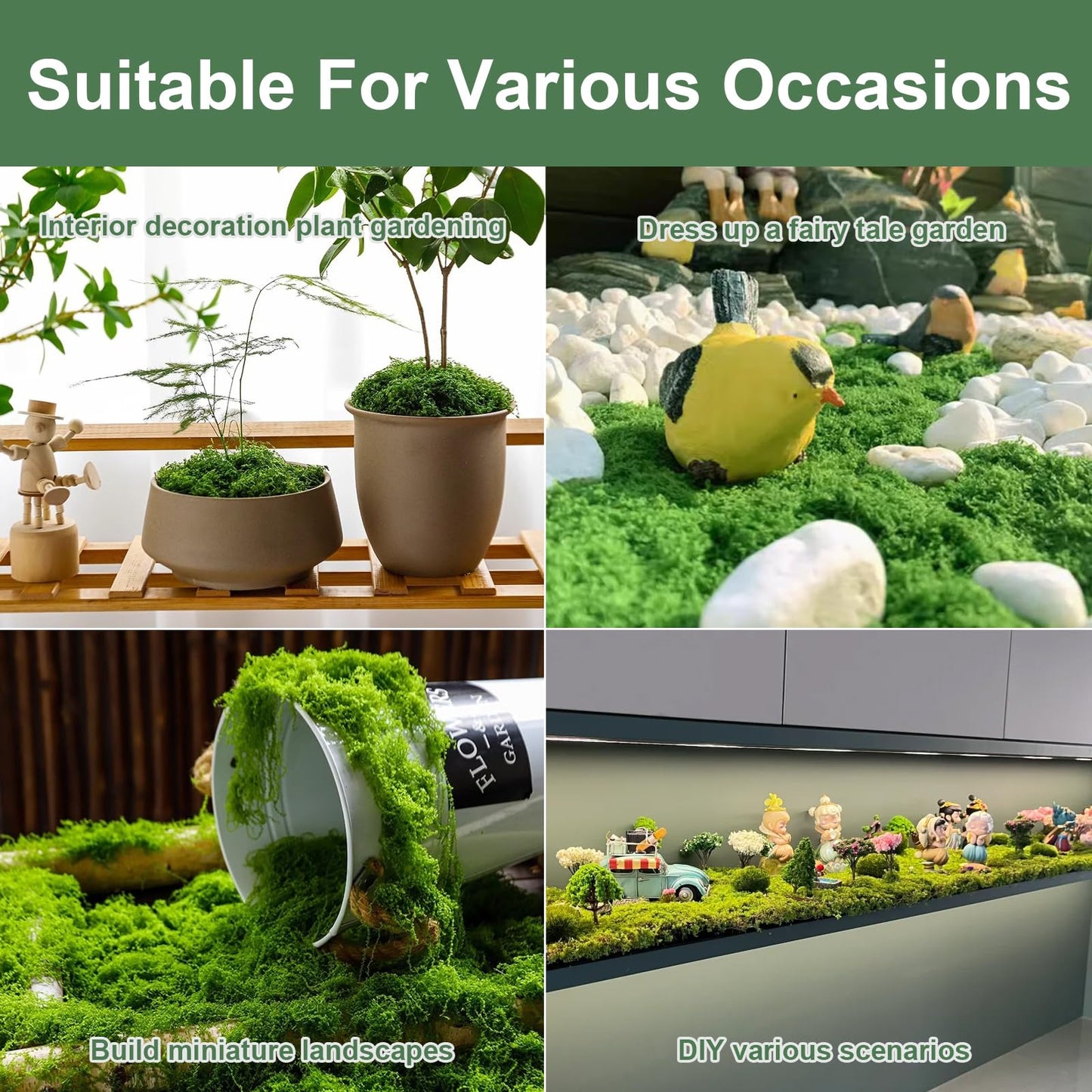 MGLIFEUL 12OZ Artificial Fake Moss for Crafts Plants Indoor with Non-Stick Gloves and Tweezers,Preserved Green Plant Faux Craft Moss Musgo for Fairy Garden Indoor Outdoor Home Decorating Model Making