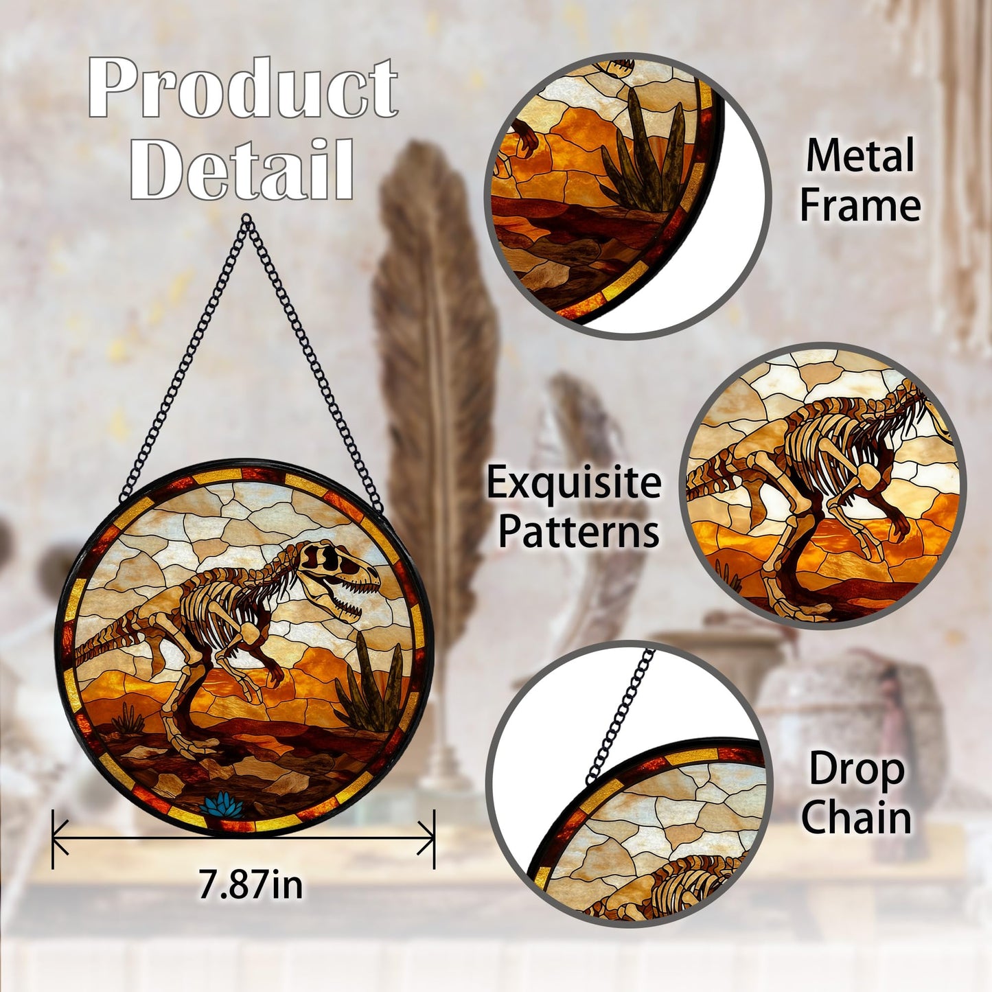 Hiuwevt Dinosaur Skeleton Suncatcher Stained Glass Window Hanging, Prehistoric Dino Fossil Sun Catchers Indoor Window Glass Wall Art Decor, Dinosaur Round Wall Hanging Decorations, 7.9x7.9 inch