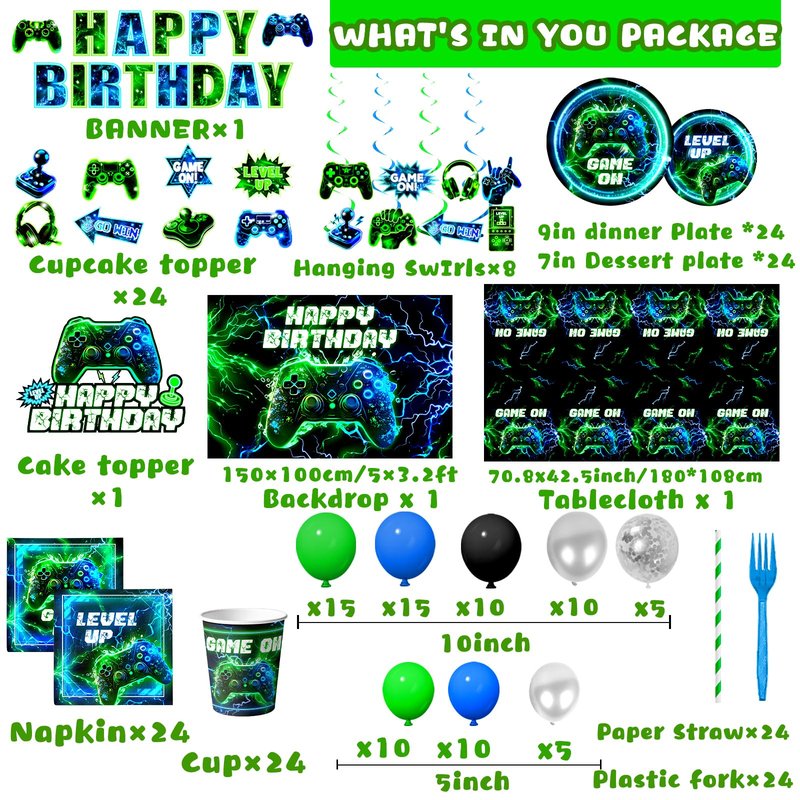 Video Game Birthday Decorations,260pcs Gaming Party Decorations Gamer Birthday Party Decorations Plates and Napkins Cups Tablecloth, Game Party Decorations for Boys Cake Topper Hanging Swirls