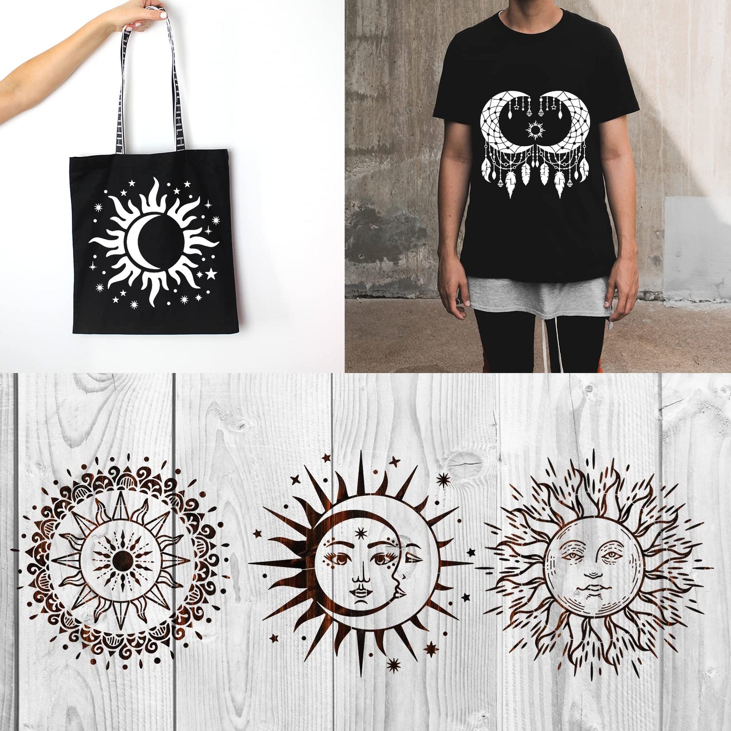 9 Pieces Large Mandala Sun and Moon Stencil Butterfly Flower Tree Paint Stencils for Crafts Reusable Templates Star Celestial Stencils for Painting Wood Wall Furniture Home Decor (Sun Moon)