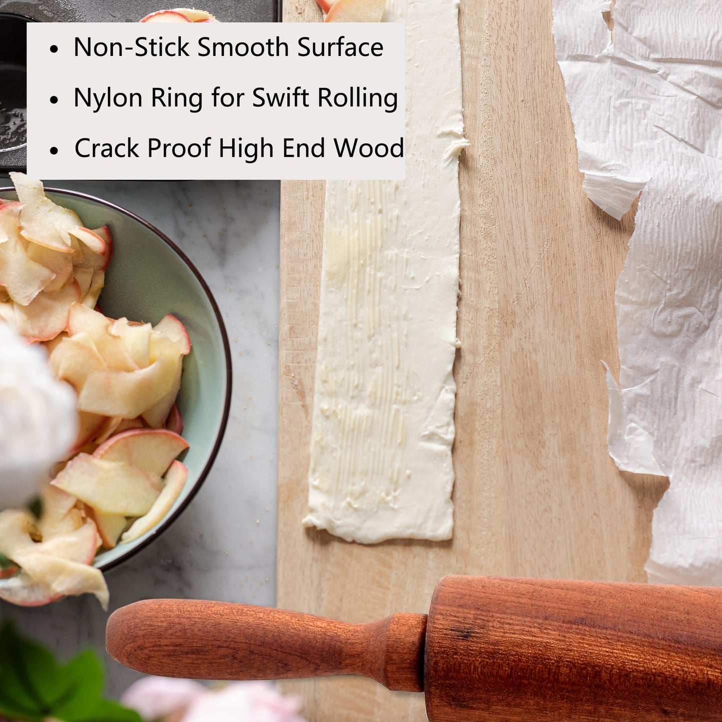 TUSIWIT Classic Sapele Wooden Rolling Pin With Handles,Wood Baking Roller (17''L x 1.77"W)