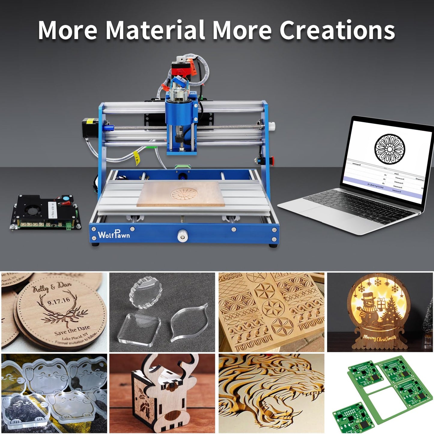 WolfPawn 3018 CNC Machine All-Metal CNC Router Machine, with Offline Controller/Emergency-Stop 3 Axis Plastic Acrylic PCB PVC Wood Carving Milling Engraving Machine, XYZ Working Area 300x180x60mm