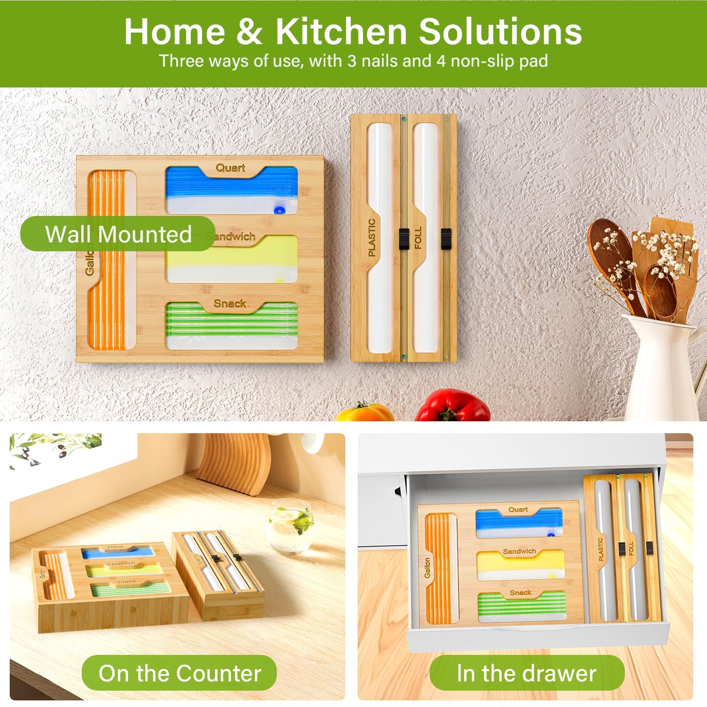 KOCWELL Bag Organizer and Plastic Wrap Dispenser with Cutter, 6 In 1 Bamboo Foil and Plastic Wrap Organizer for Kitchen Drawer, Food Storage Bag Organizer for Gallon,Quart,Sandwich,Snack(Yellow)
