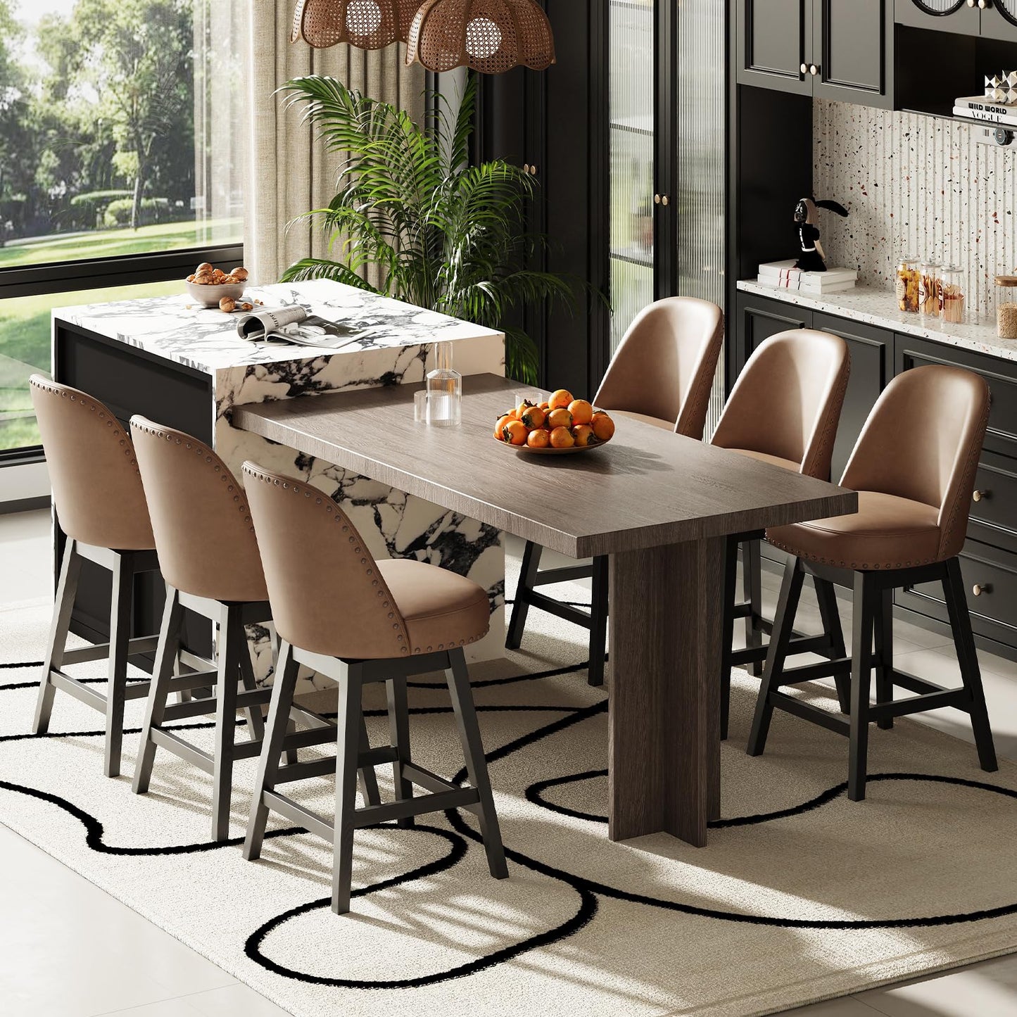 MALOL Swivel Counter Height Bar Stools Set of 4, Tall Faux Leather Barstools, Modern Bar Chairs with Solid Back and Wood Legs for Kitchen Island,Brown