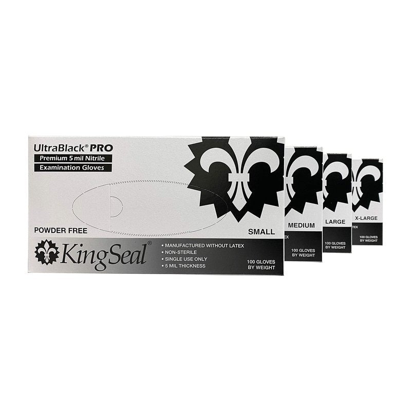 KingSeal UltraBlack-PRO LARGE Nitrile Medical Grade Exam Gloves, Latex Free, 5 MIL, Textured Fingertips - 10 Boxes of 100 Gloves by Weight (1000 Count)