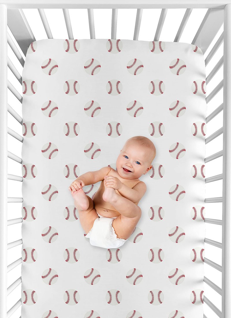 Sweet Jojo Designs 2-Piece Baby Crib Sheets Set (Red and White Baseballs) for Boys, Infant Nursery, Toddler Room - Fitted, Standard Size (Sport, Americana, Classic, Athlete, Sports Theme, Base Ball)