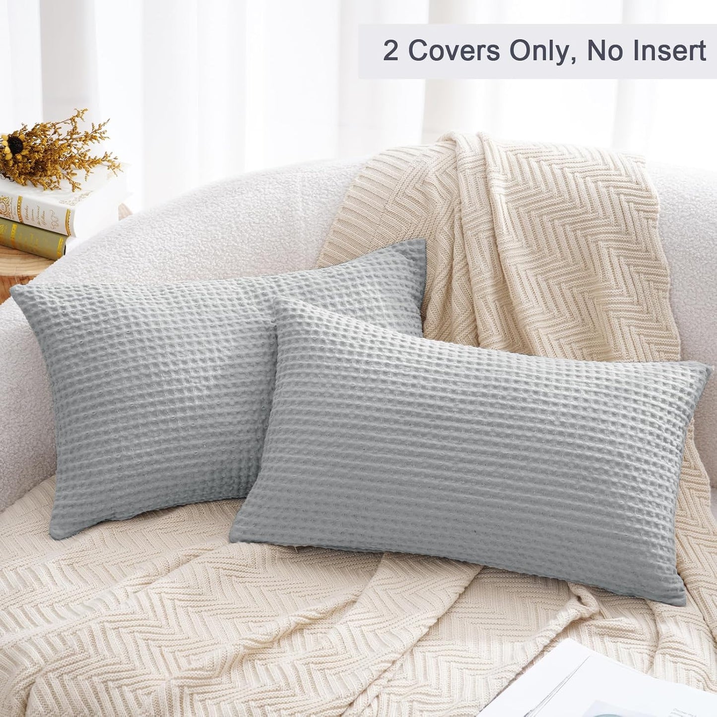 PHF 100% Cotton Waffle Weave Lumbar Pillow Cover, 12" x 20", 2 Pack, Light Grey