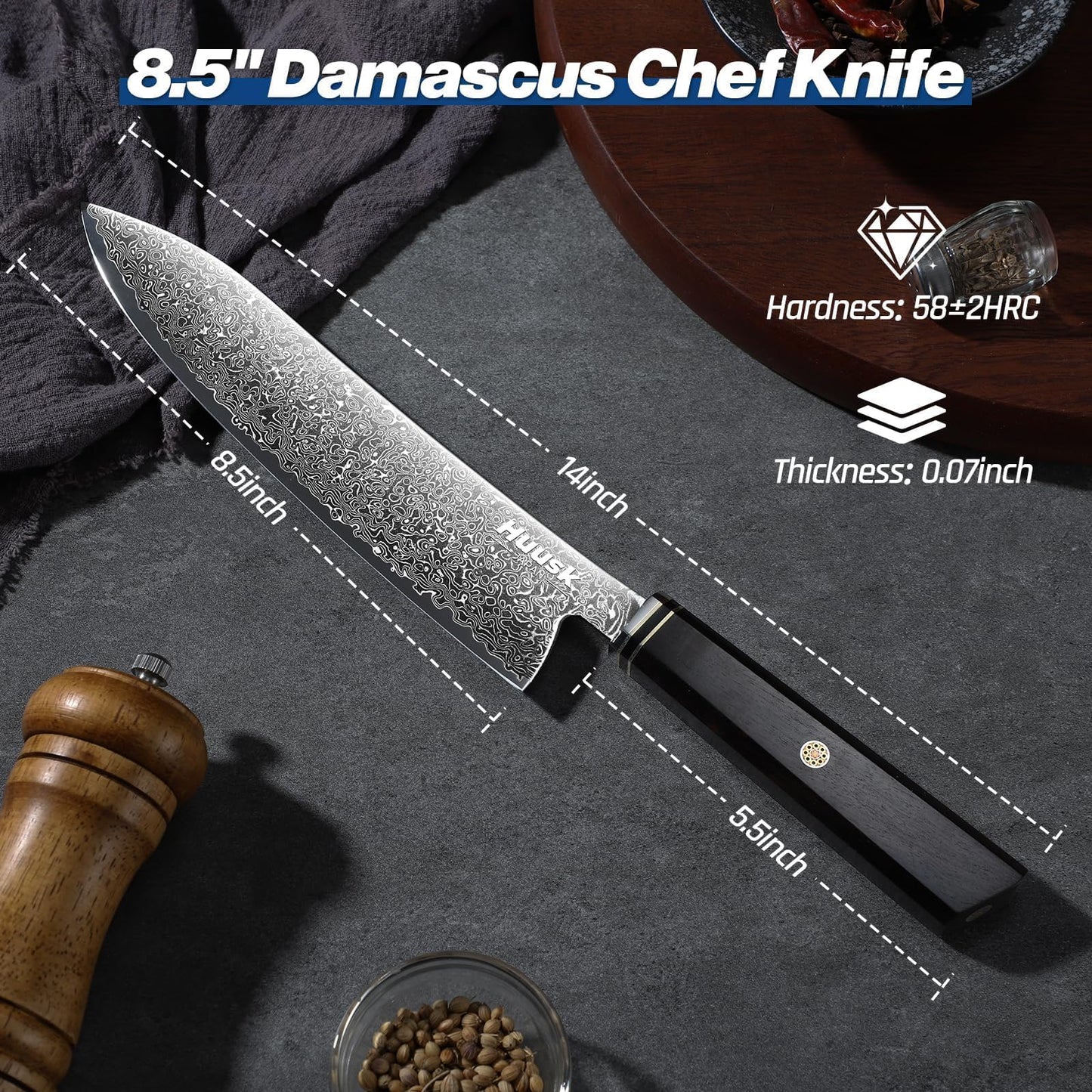 Huusk Damascus Chef Knife 8 Inch, 67-Layers Damascus Kitchen Knives with Ergonomic Wood Handle, Ultra Sharp Japanese Knife, Professional Cooking Knives for Kitchen, Christmas Gifts for Men Women