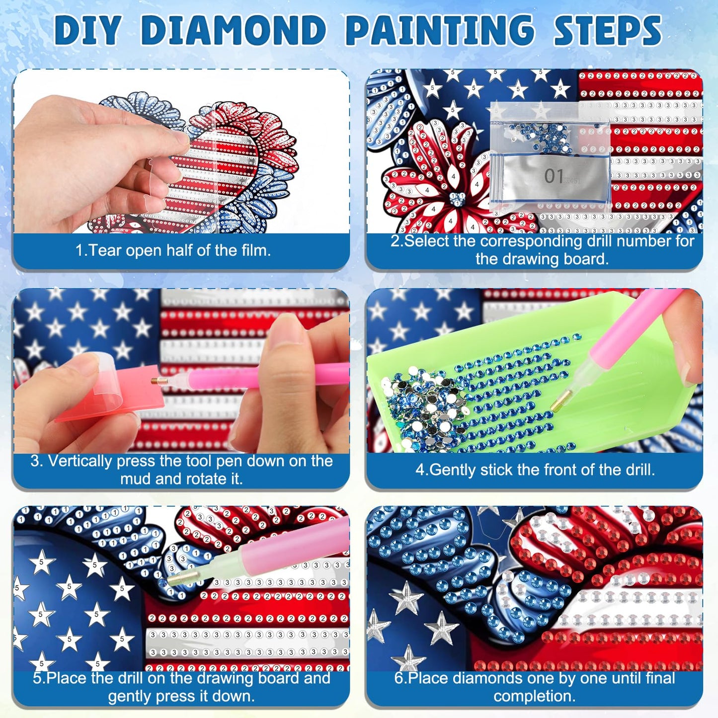 DOMROM 4th of July Patriotic Heart Diamond Art Hanging Kits, American Flag Floral Diamond Painting, Special Shaped Gem Art Suncatchers Ornament, Independence Day Heart Decor for Home Window Wall