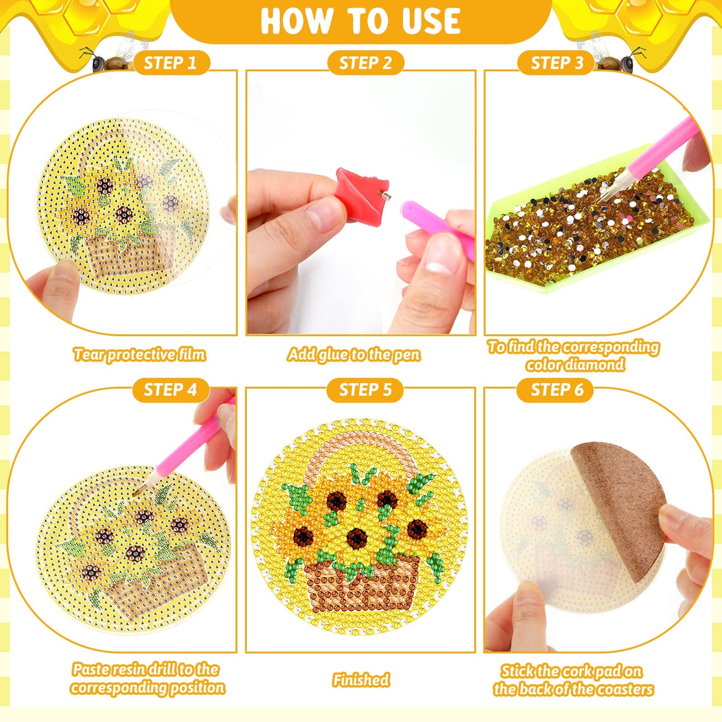 Shellwei 8 Pcs Bee Diamond Painting Art Coasters with Holder Bee Gnome Sunflower Diamond Painting Kit Yellow DIY Crafts Coasters for Adults Beginner Gift Supplies