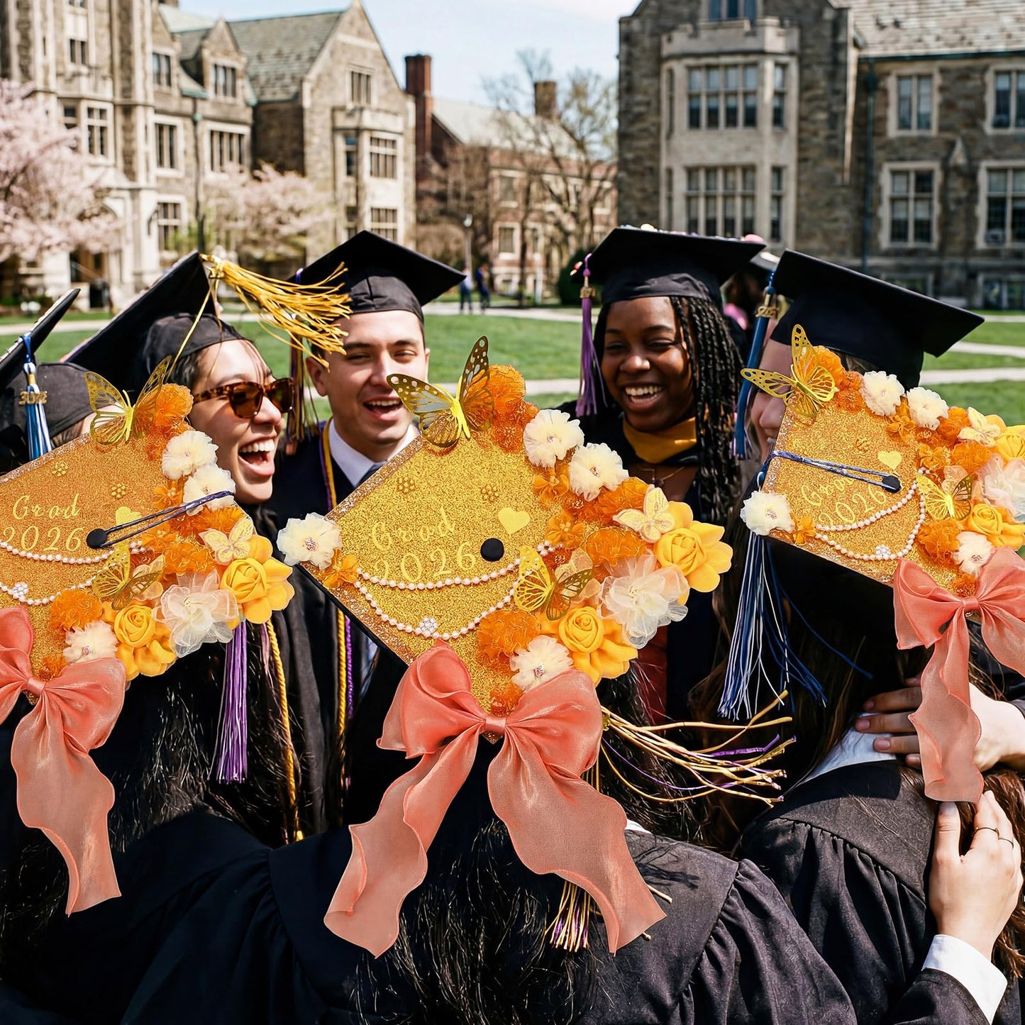 Wavwavw 58 Pcs DIY Graduation Cap Decorations Kit Grad Cap Decor Included Faux Flowers Bow Mesh 3D Butterfly Stickers, Adhesive Rhinestones, Glitter Letter Stickers, for 2026 Grad Party(Orange)