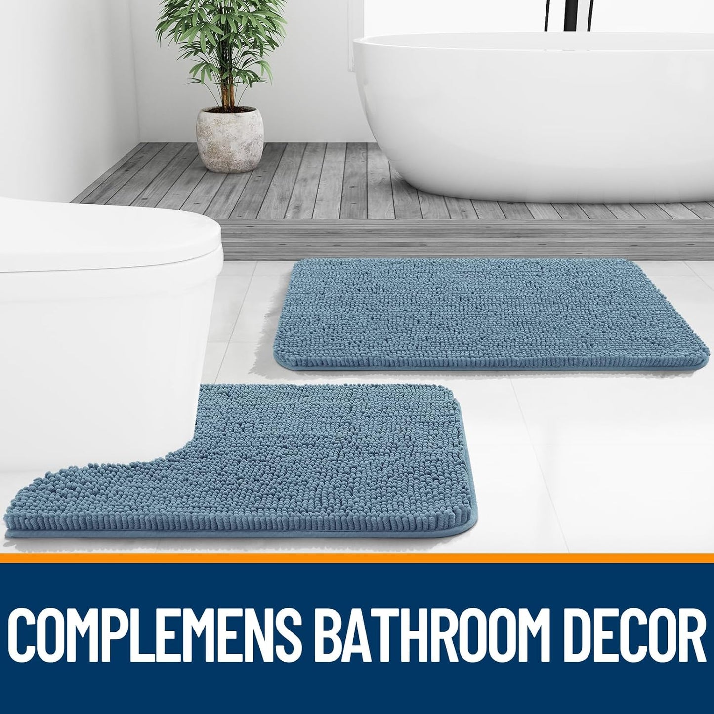 OLANLY Bathroom Rugs - Extra Soft Chenille Bath Mats with Rubber Backing | 36x24, Quick Dry, Airy Blue