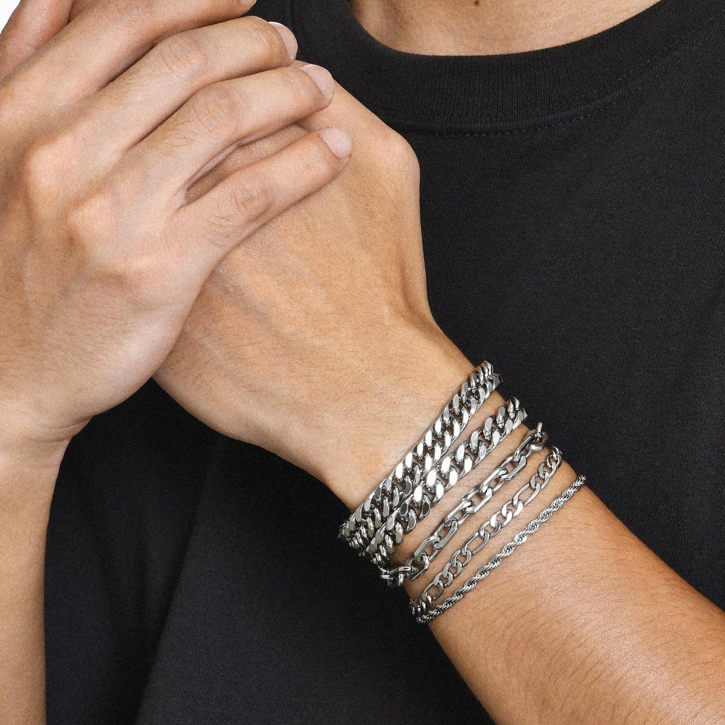 VNOX Silver Chain Bracelets for Men - 5 Pcs Solid Stainless Steel Rope/Figaro/Paperclip/Cuban Link Curb Chunky Chain Bracelet Set Wrist Band for Men Women,8.3 Inches