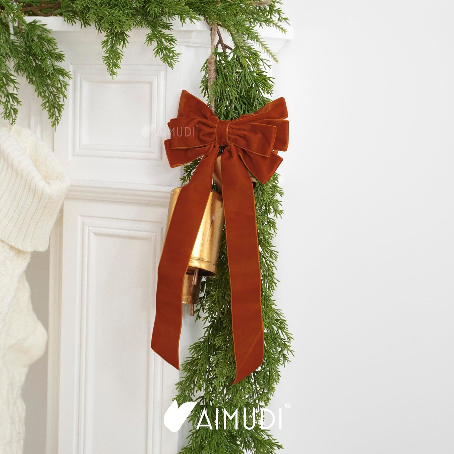 AIMUDI Orange Velvet Bows for Christmas Tree 6.5" x 15" Christmas Bows for Gift Wrapping, Holiday Crafts, Wreaths, Garlands, Staircase, Home Outdoor Winter Decorations, 2 PCs