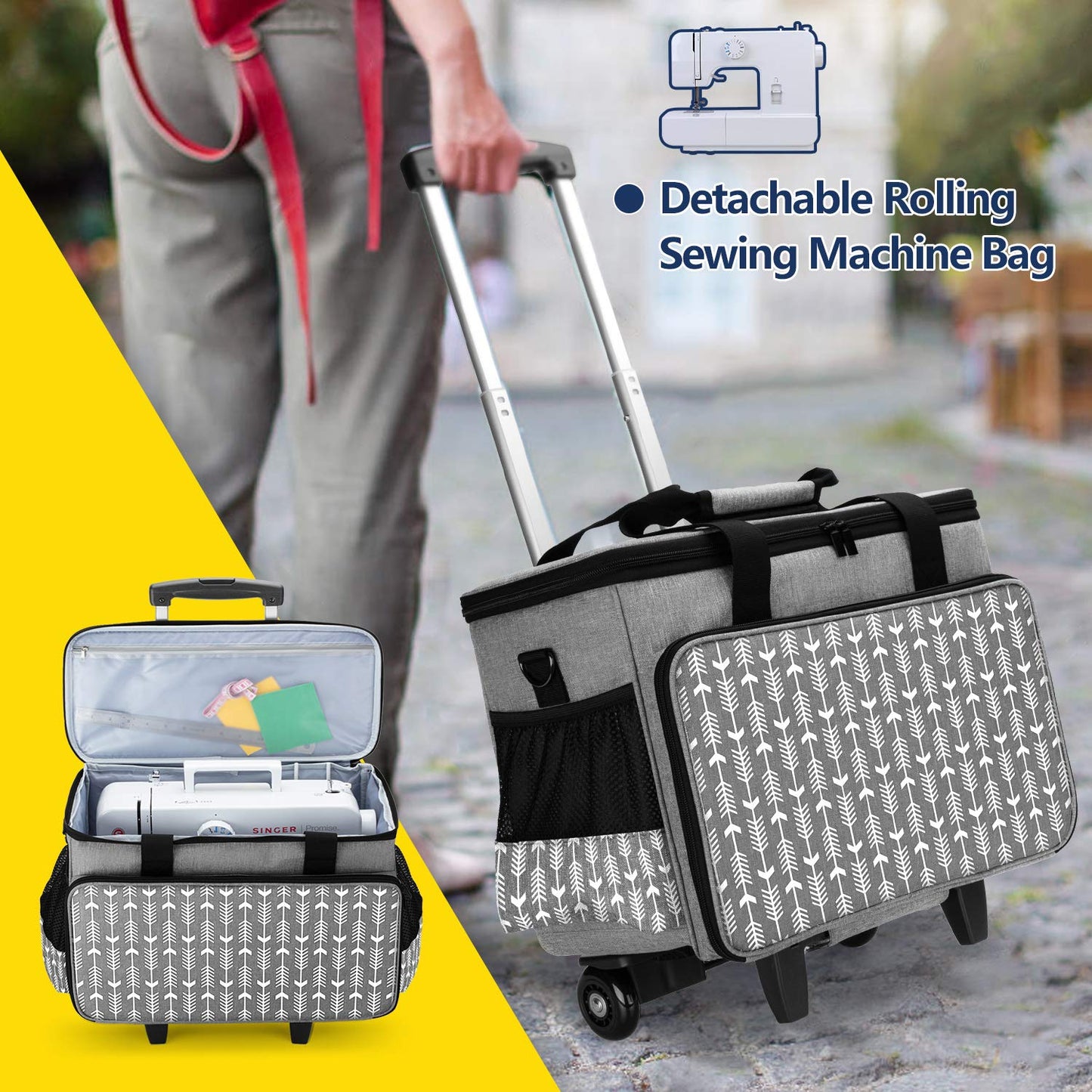 Yarwo Upgraded Rolling Sewing Machine Carrying Case, Detachable Trolley Tote Bag with Removable Bottom Board and Thickened Trailer Leg for Most Standard Sewing Machine and Accessories, Gray with Arrow