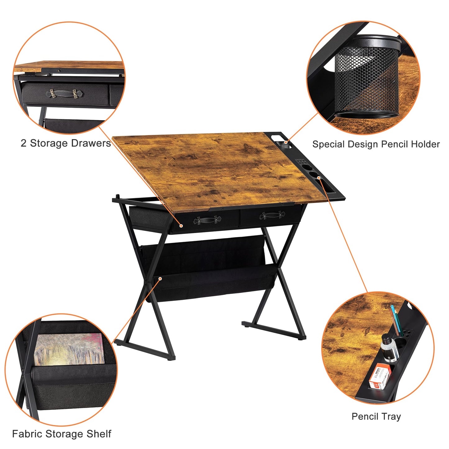 VECELO Drafting Table Art Desk Art Table Adjustable Drawing Table Tilted Tabletop with 2 Storage Drawers and Stool, Drawing Desk for Artist Painters Drawing, Crafting, Reading, Writing, Rustic Brown