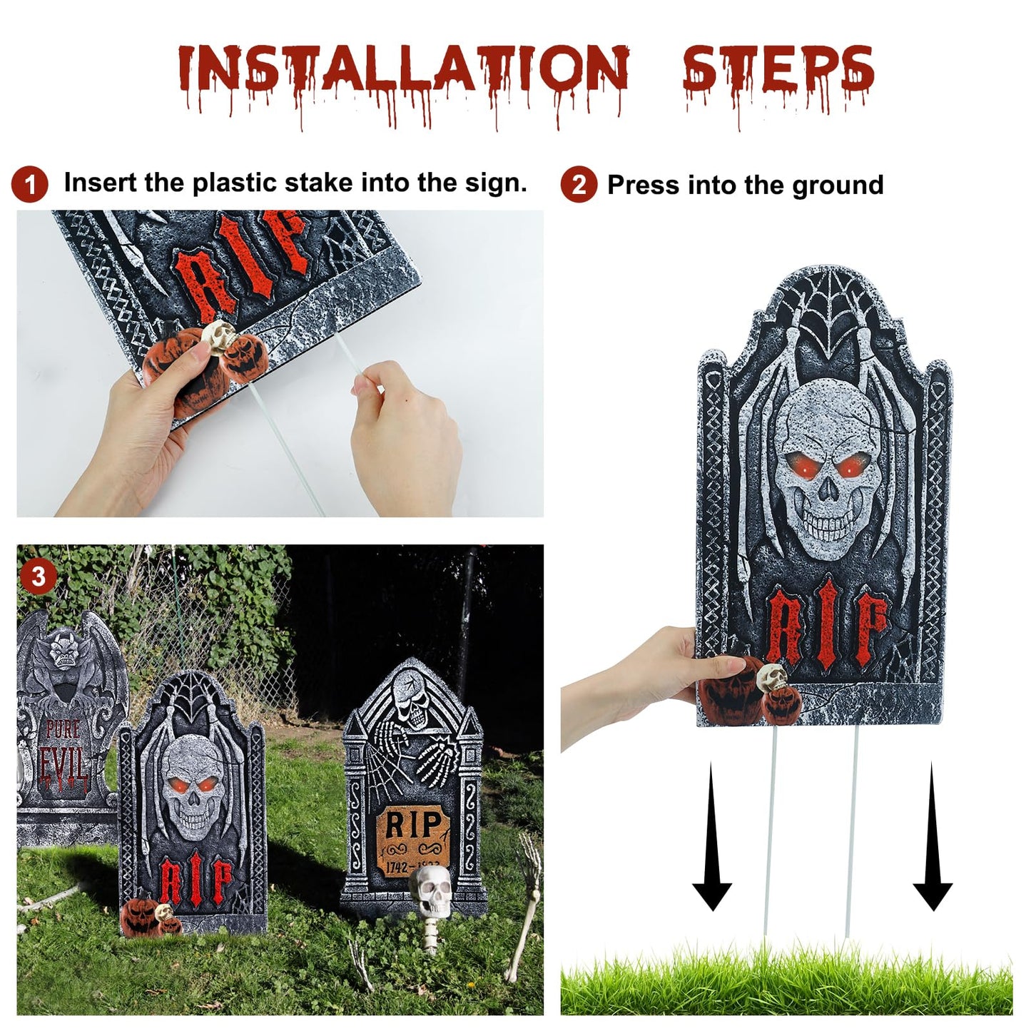 Roberly 8 Pcs Halloween Tombstones Outdoor, 16.5" Graveyard Yard Decorations for Halloween Gravestones Signs with Stakes Scary Cemetery RIP Skeleton Headstones Yard Lawn Garden Decor
