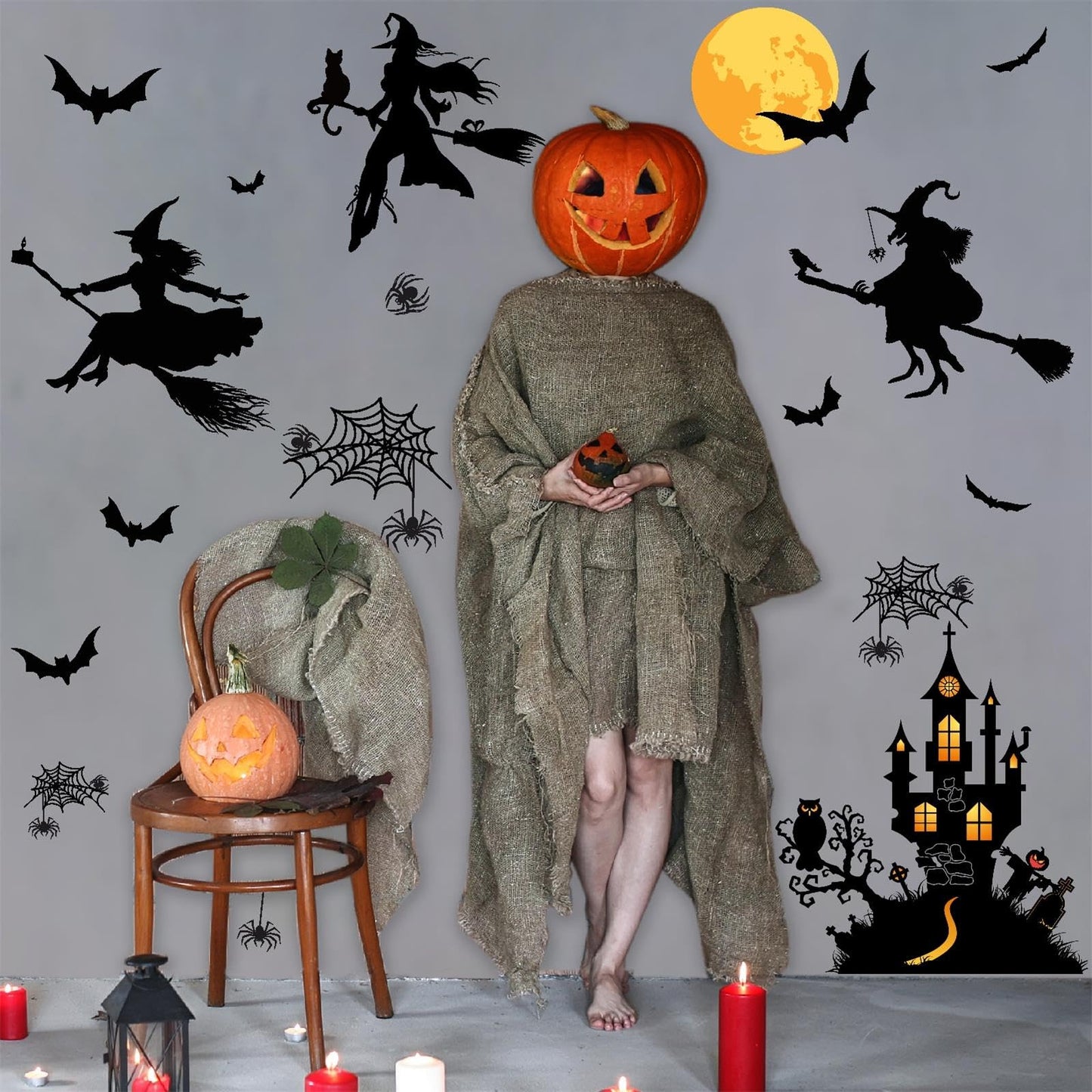 Halloween Decorations Decals Witches Wall Decor Black Bats Castle Stickers Halloween Wall Decal Peel and Stick Halloweens Party Supply Scary Spider Vinyl Sticker Art Murals for Home Window Door Decor