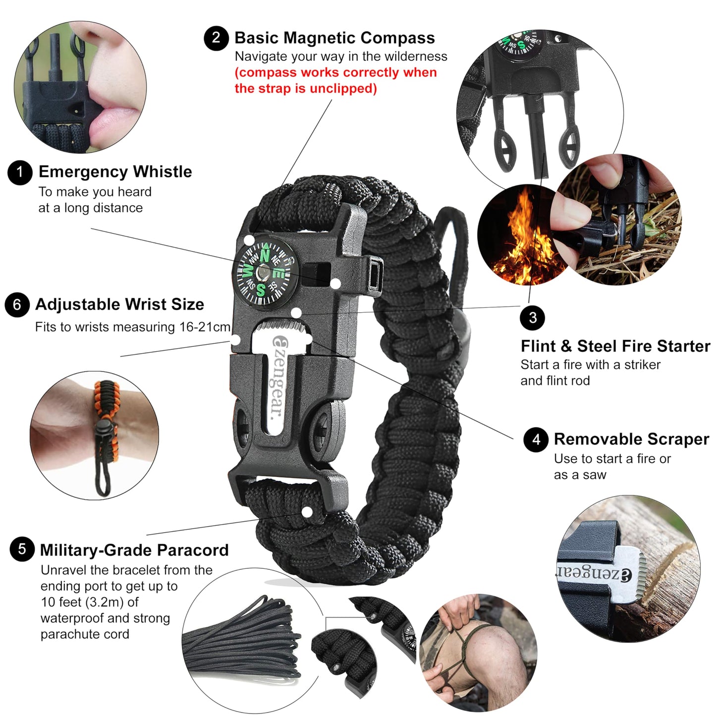 aZengear Paracord Survival Bracelet (2 Pack) | Flint Steel Fire Starter, Whistle, Compass, Mini Saw | Adjustable Wrist Band Size for Camping, Bushcraft, Emergency Kit (Black & Orange)