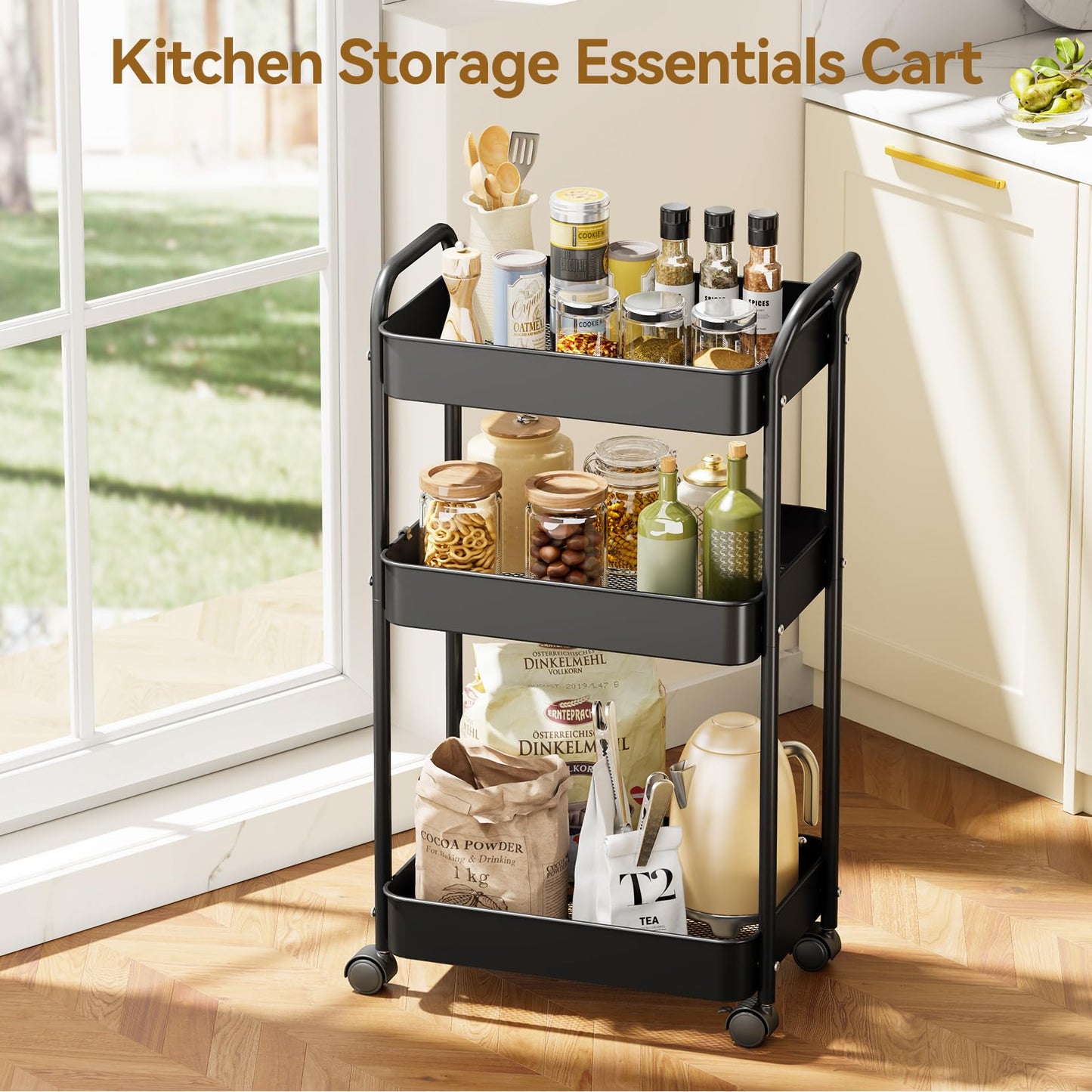 YASONIC 3-Tier Metal Rolling Cart, Sturdy Storage Utility Carts with Wheels, Multifunction Craft Art Organizer for Bedroom, Laundry, Garage, Office, Nursery, Bathroom, Easy Assembly (Black)