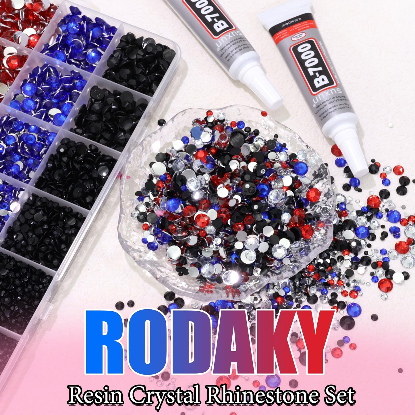 RODAKY Blue Red Rhinestone Flatback Resin Gems Mixed Size Resin Rhinestones for Bedazzling 4th of July Crystal Jewels Clear Black Gem Beads for Crafting Design Face Makeup Clothing