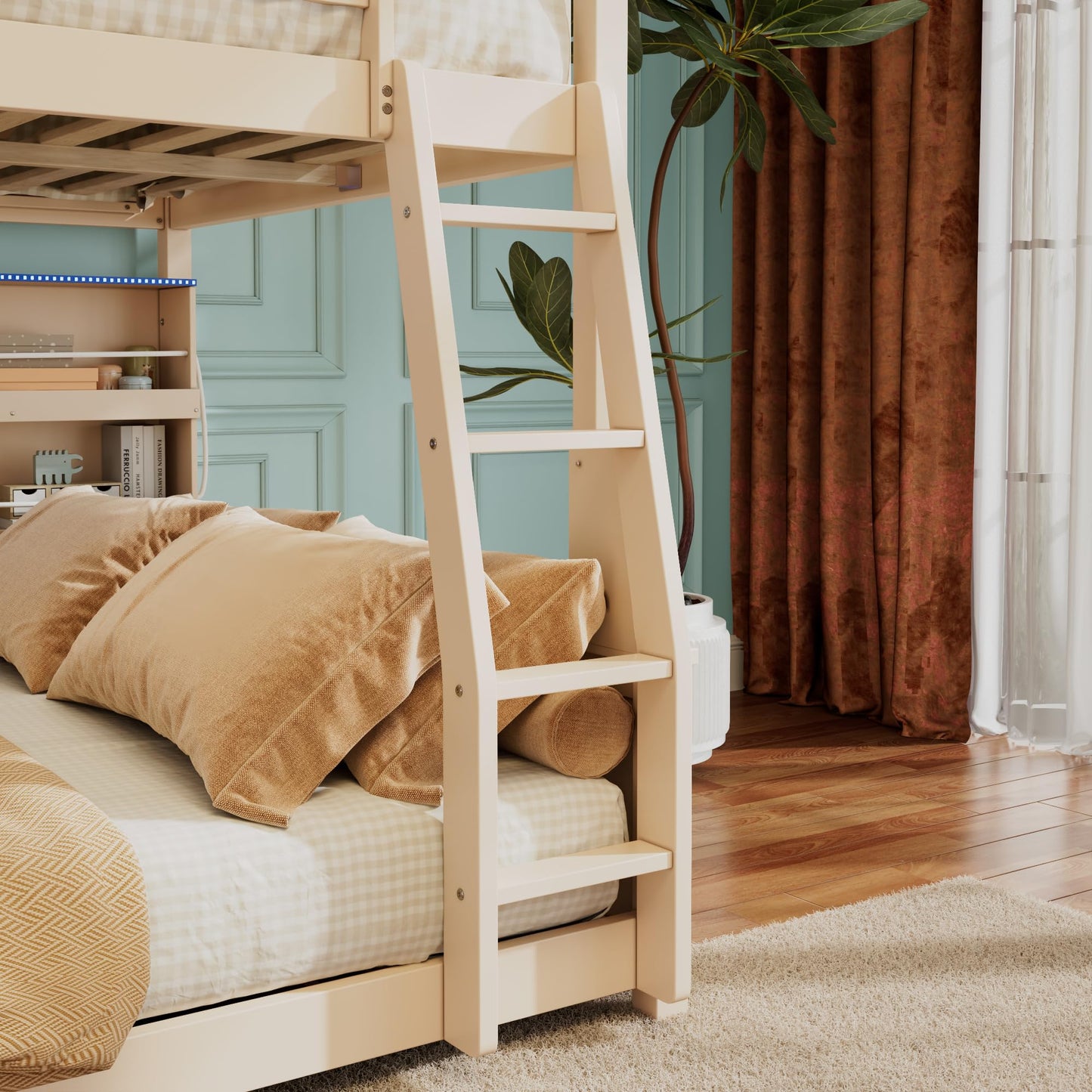 Merax Full XL Over Queen Wood Bunk Bed Frame with Integrated Side Storage Shelves and Anti Falling Rope, Color-Changing Lights, Pegboard, Safe Guardrail and Ladder, for Teens, Adults, Guests (Beige)