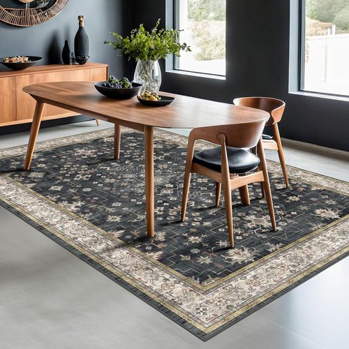Boho Dining Room Rugs - 6x9 Washable Black Area Rug | Low Pile Non-Slip Design for Living Room & Bedroom