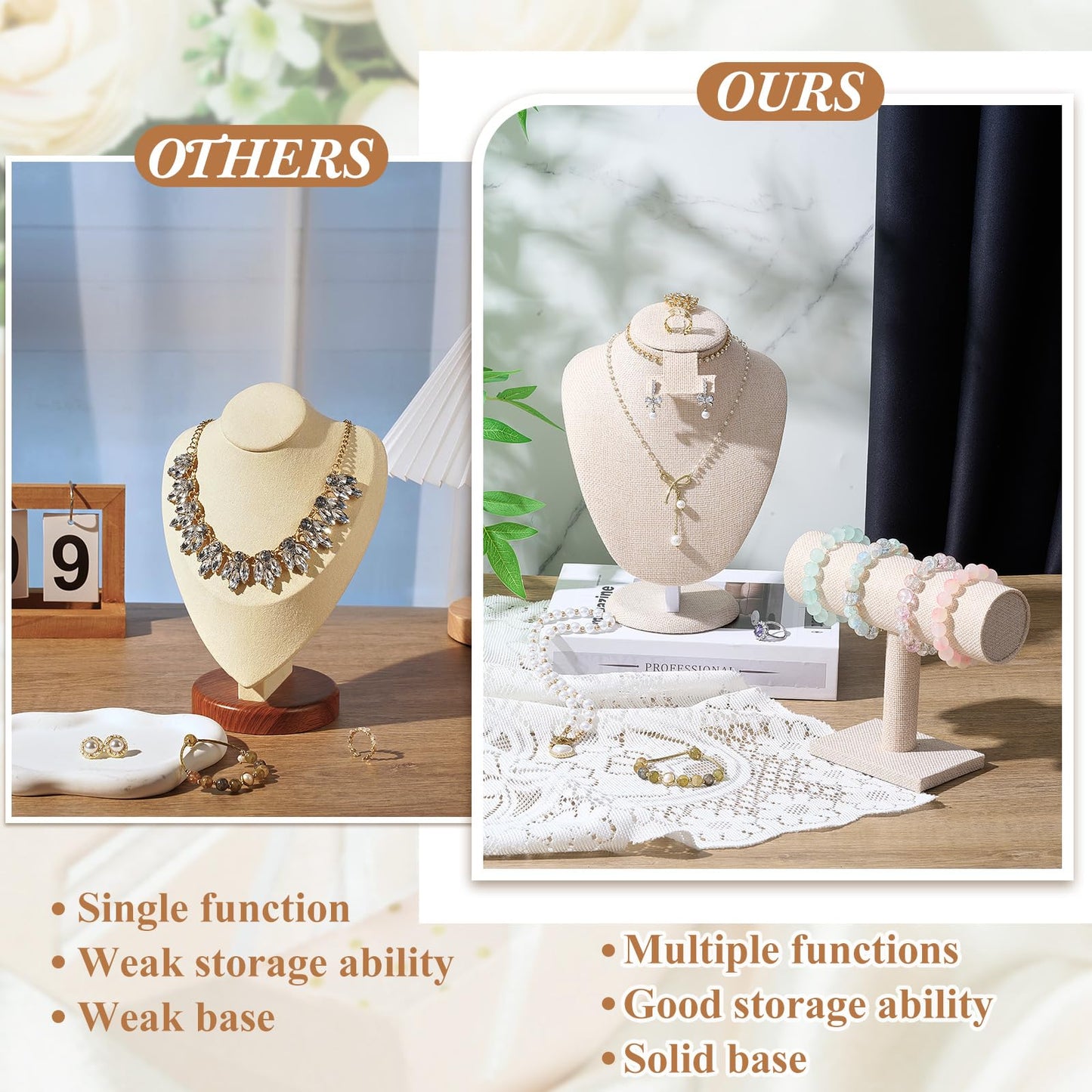 RattanView 2 Pcs Jewelry Display Set Necklace Mannequin Bust T Bar Bracelet Holder for Earring Necklace Ring Display