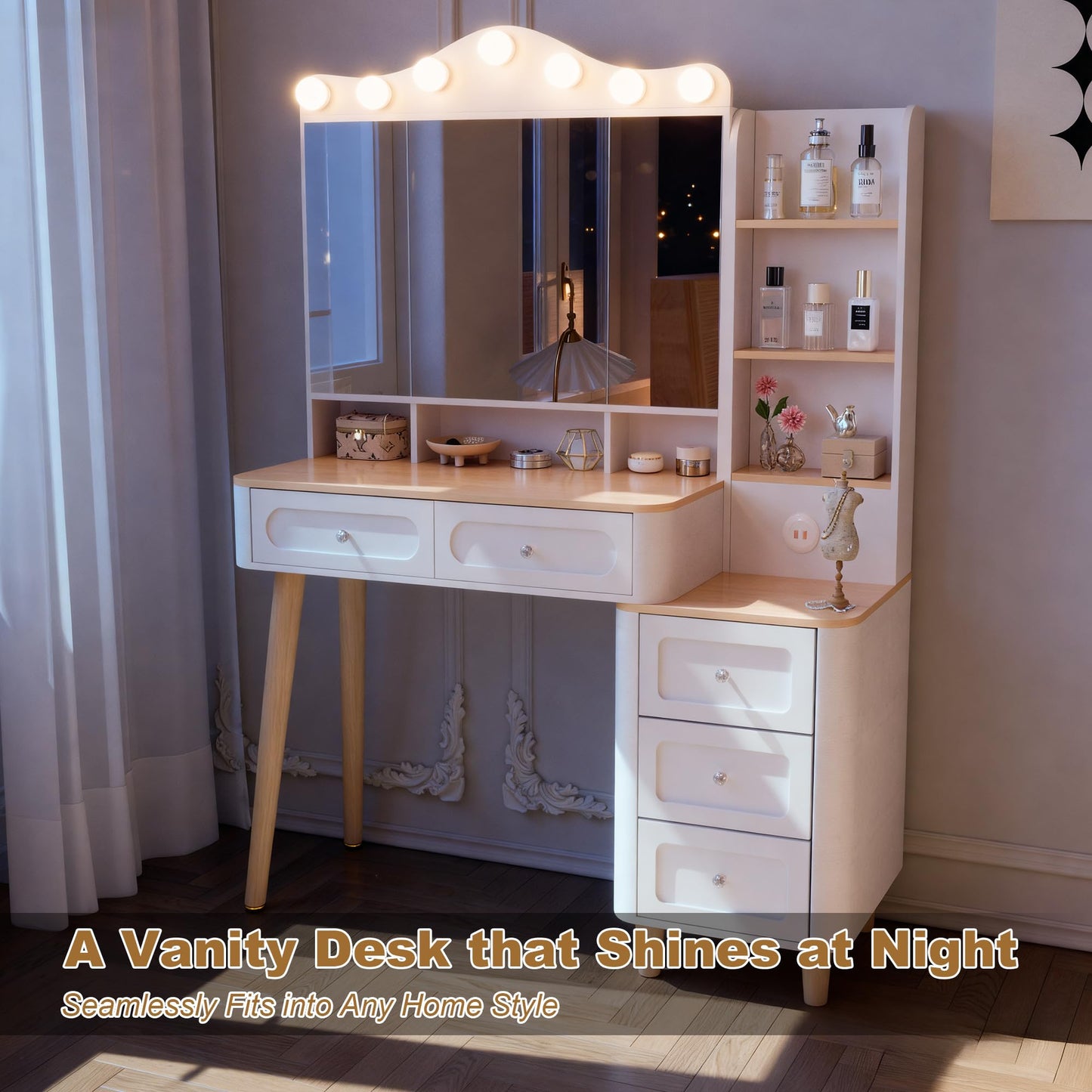 Acosure Makeup Vanity with Mirror & Power Outlet,3 Dimmable Colors Light Small Makeup Vanity Table Set with 5 Drawers & Hidden Storage Shelves Dressing Table for Women Girls Bedroom,White