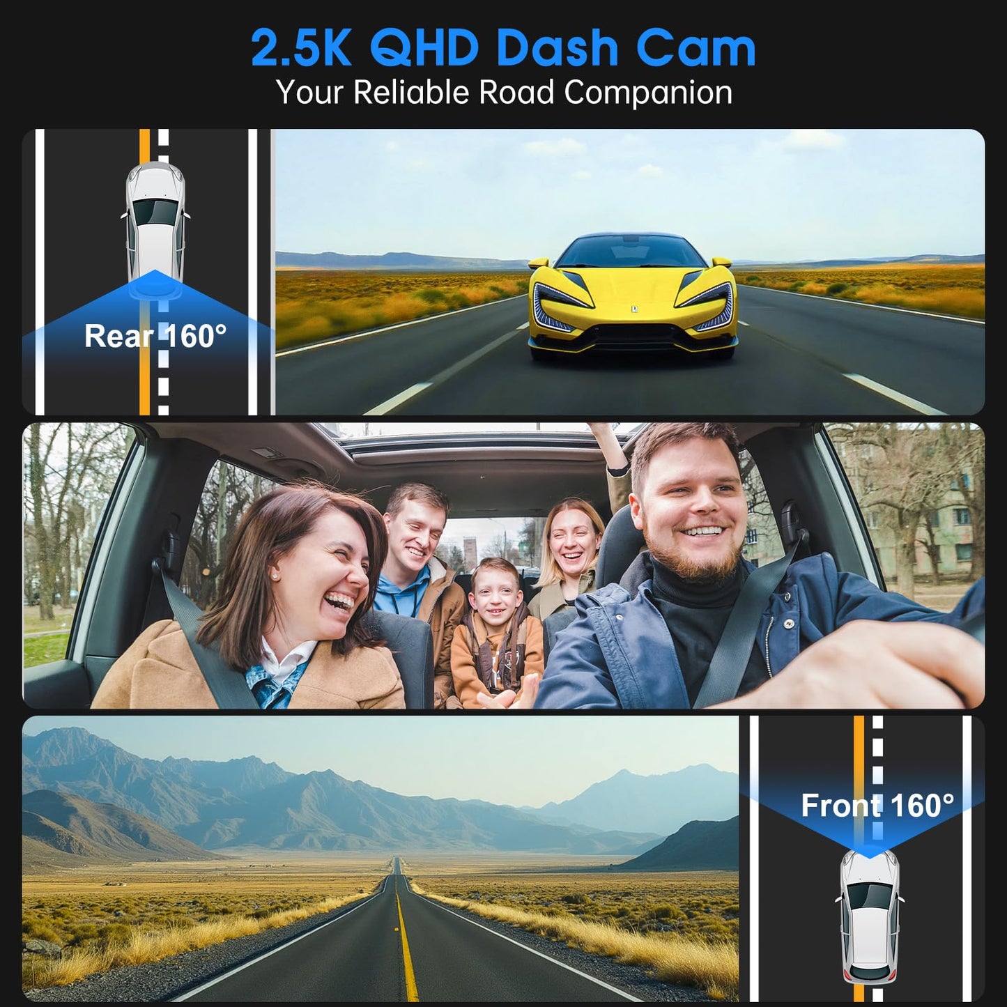 Yonvim Dash Cam Front and Rear 2.5K + 1080P QHD Dual Dash Camera for Cars 3.39” IPS Dashcam, Night Vision, G-Sensor Loop Recording, 64GB Card Included, 160° Wide Angle, 24H Parking Mode