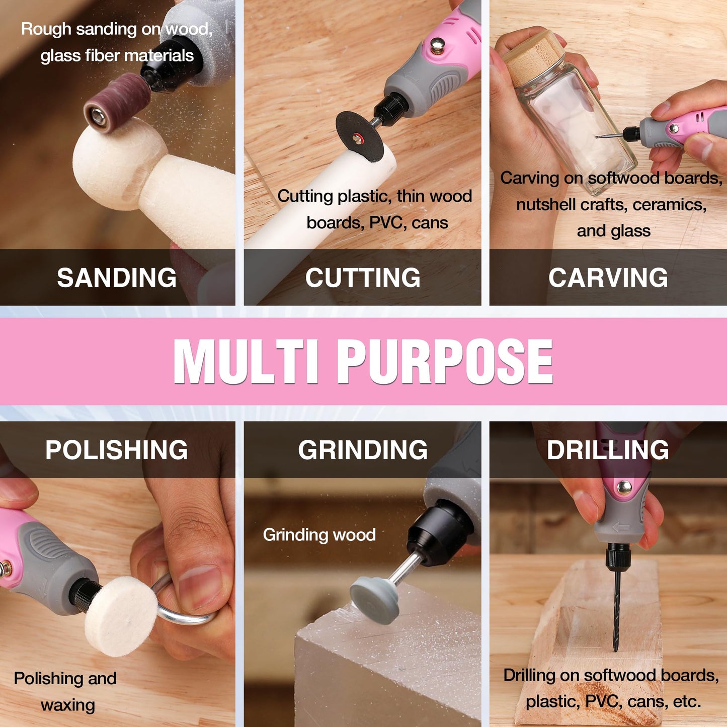 WORKPRO Cordless Rotary Tool Kit with 71pcs Accessories, 3 Variable Speeds, USB Rechargeable Mini Rotary Tool for Engraving, Sanding, Polishing, Carving, Cutting, DIY Crafts - Pink Ribbon