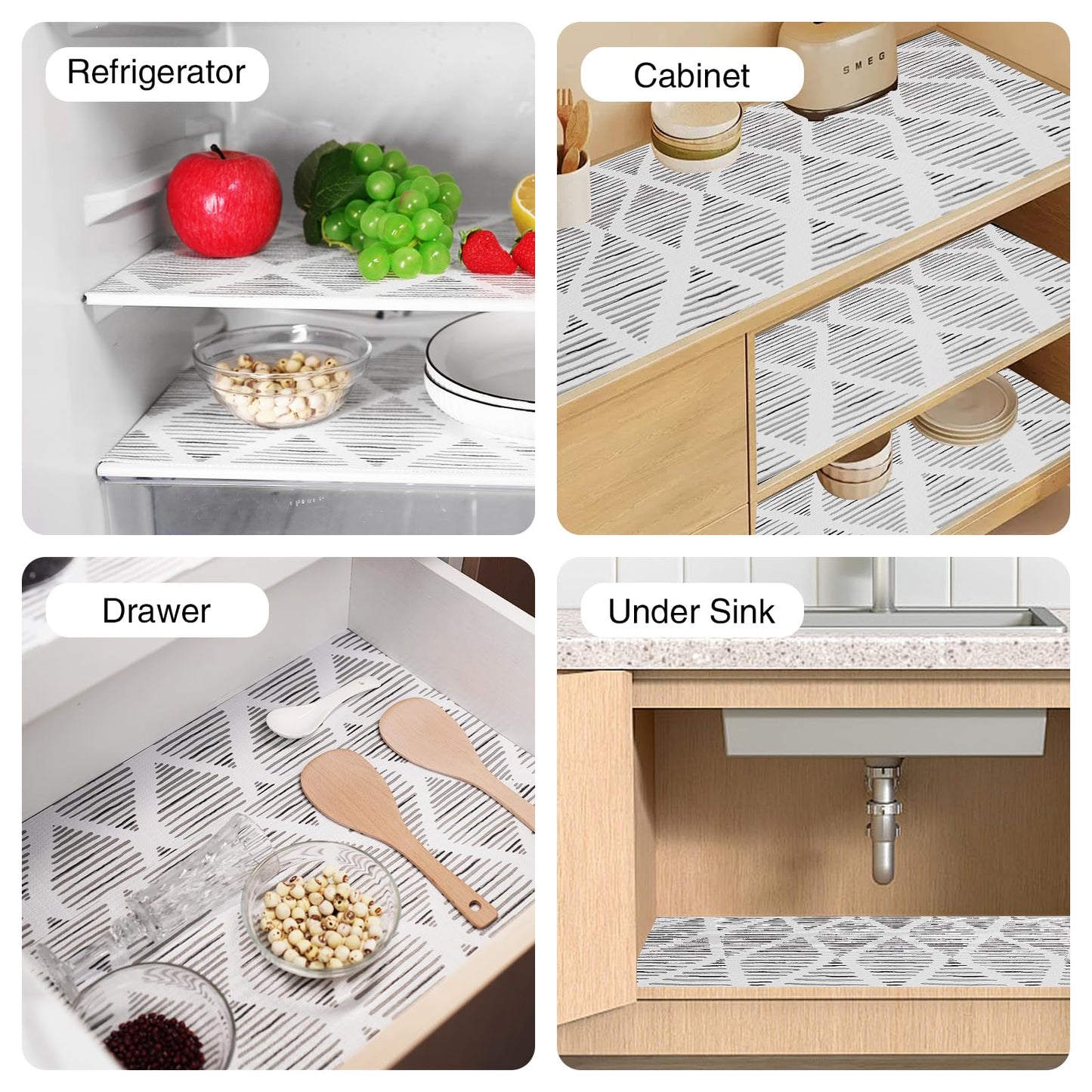 Drawer and Shelf Liner for Kitchen Cabinet,Non-Adhesive Cabinet Liner 12in x 20FT,Waterproof Shelf Paper Non-Slip Mats Cupboard Liners Contact Protect Dresser/Shelves/Table-Square Stripes
