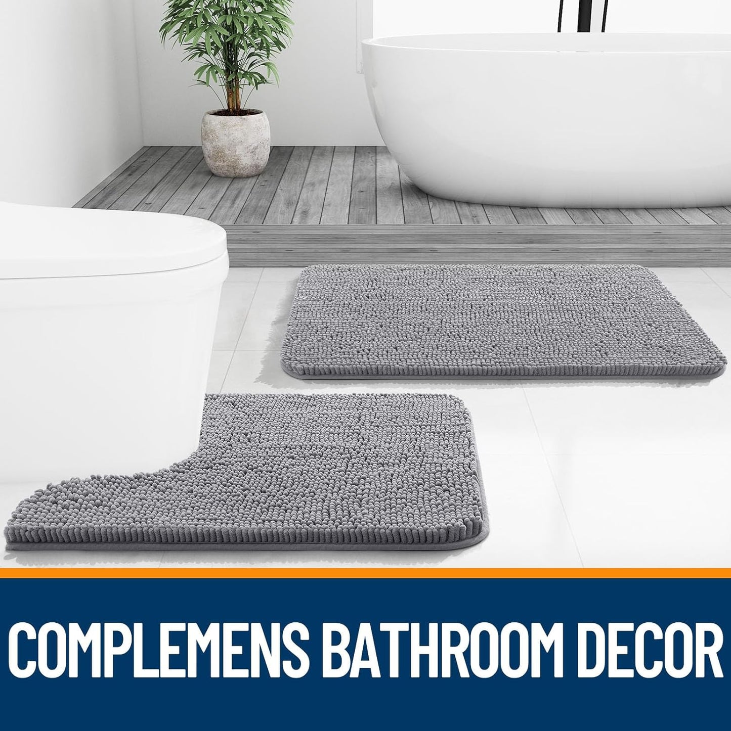 OLANLY Bath Rugs - Extra Soft Chenille with Quick-Dry Rubber Backing | 35x24 Inches, Grey