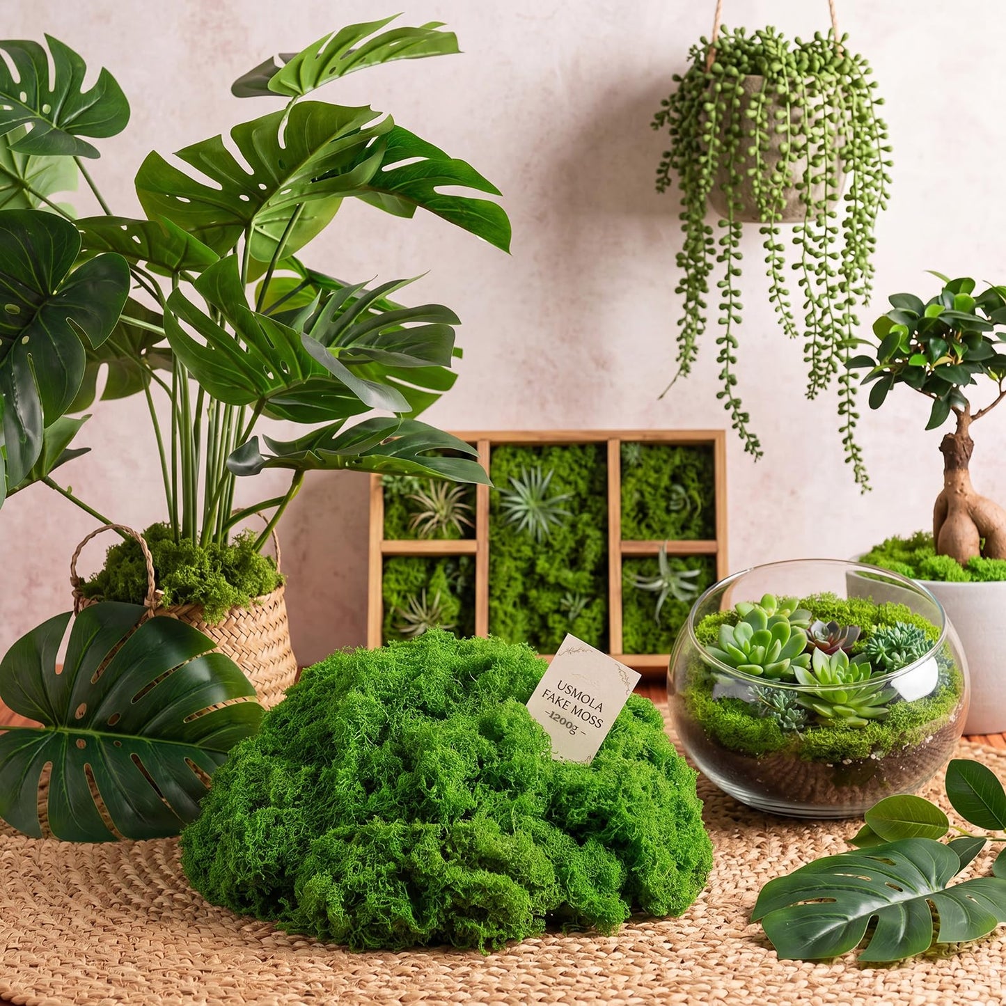 Suncalla Green Artificial Moss for Crafts 43.32oz/2.7lb Fake Green Moss Faux Grass for Potted Plants Indoor Bulk Large Capacity Fairy Garden DIY Decoration Model Making Walls Table Decors Home