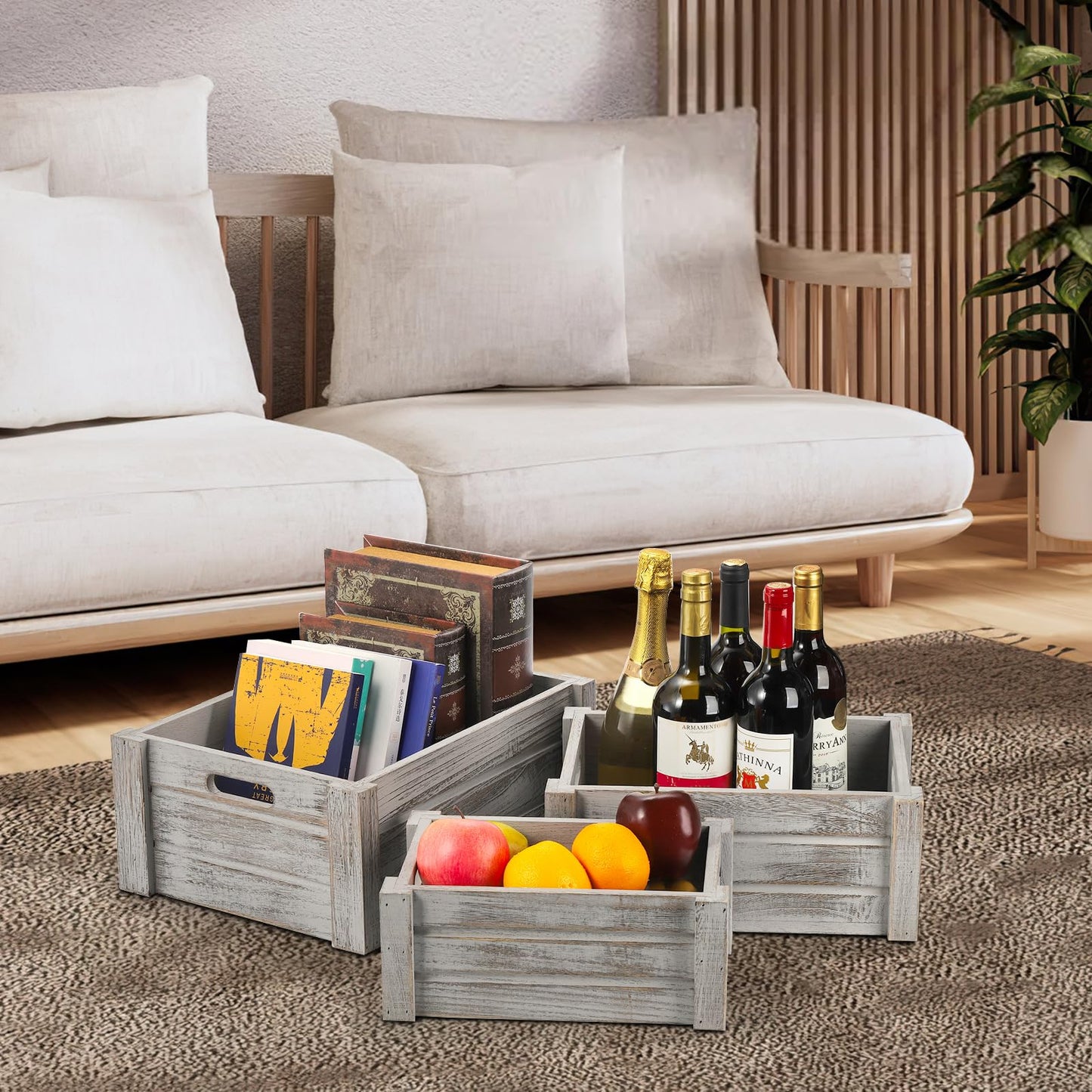 Hacaroa 3 Pack Wood Crates with Handles, Rustic Nesting Storage Container Box Decorative Wooden Basket Bins for Fruit, Vegetable, Home, Laundry, Farmhouse, 3 Sizes